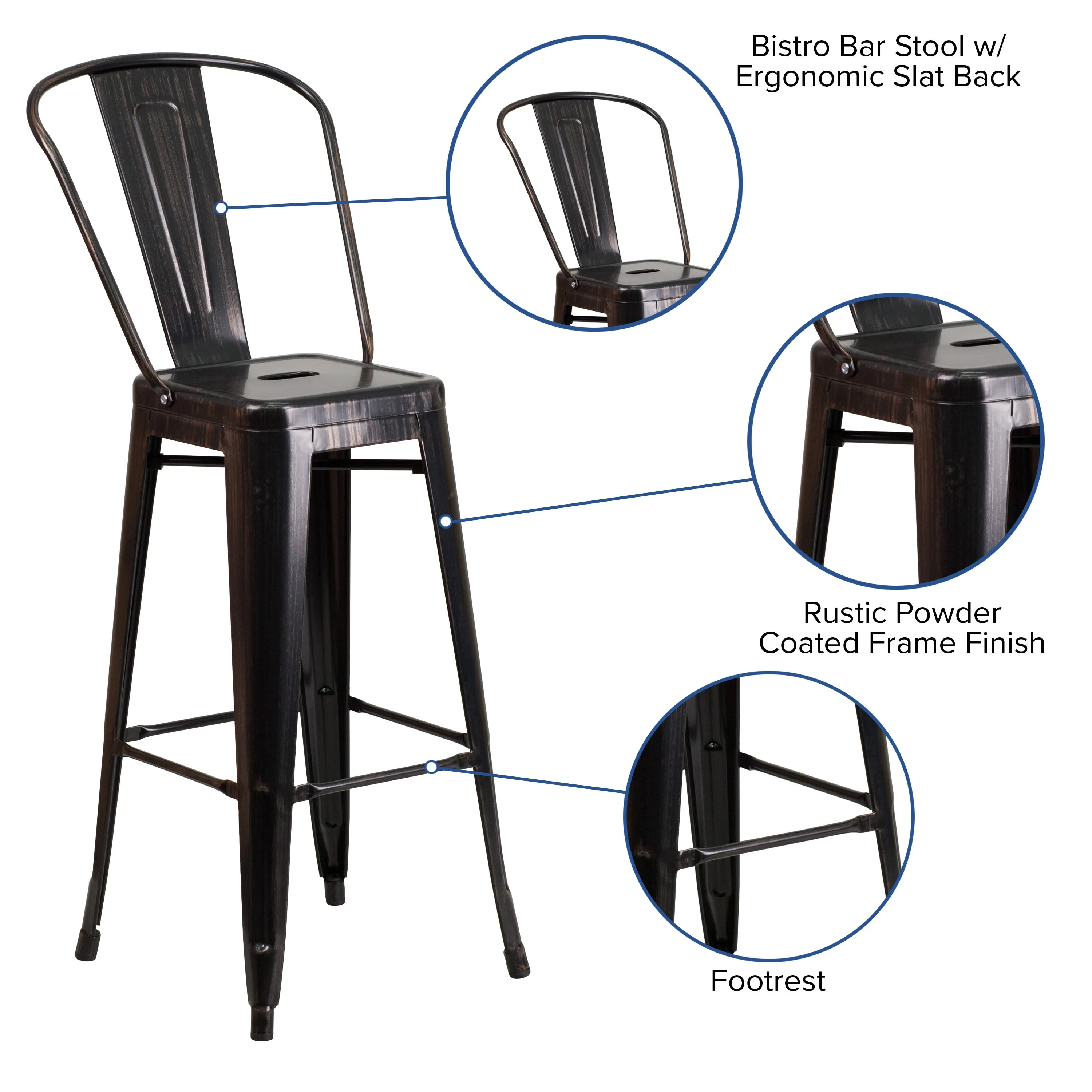 Commercial Grade 30" High Metal Indoor-Outdoor Barstool with Back