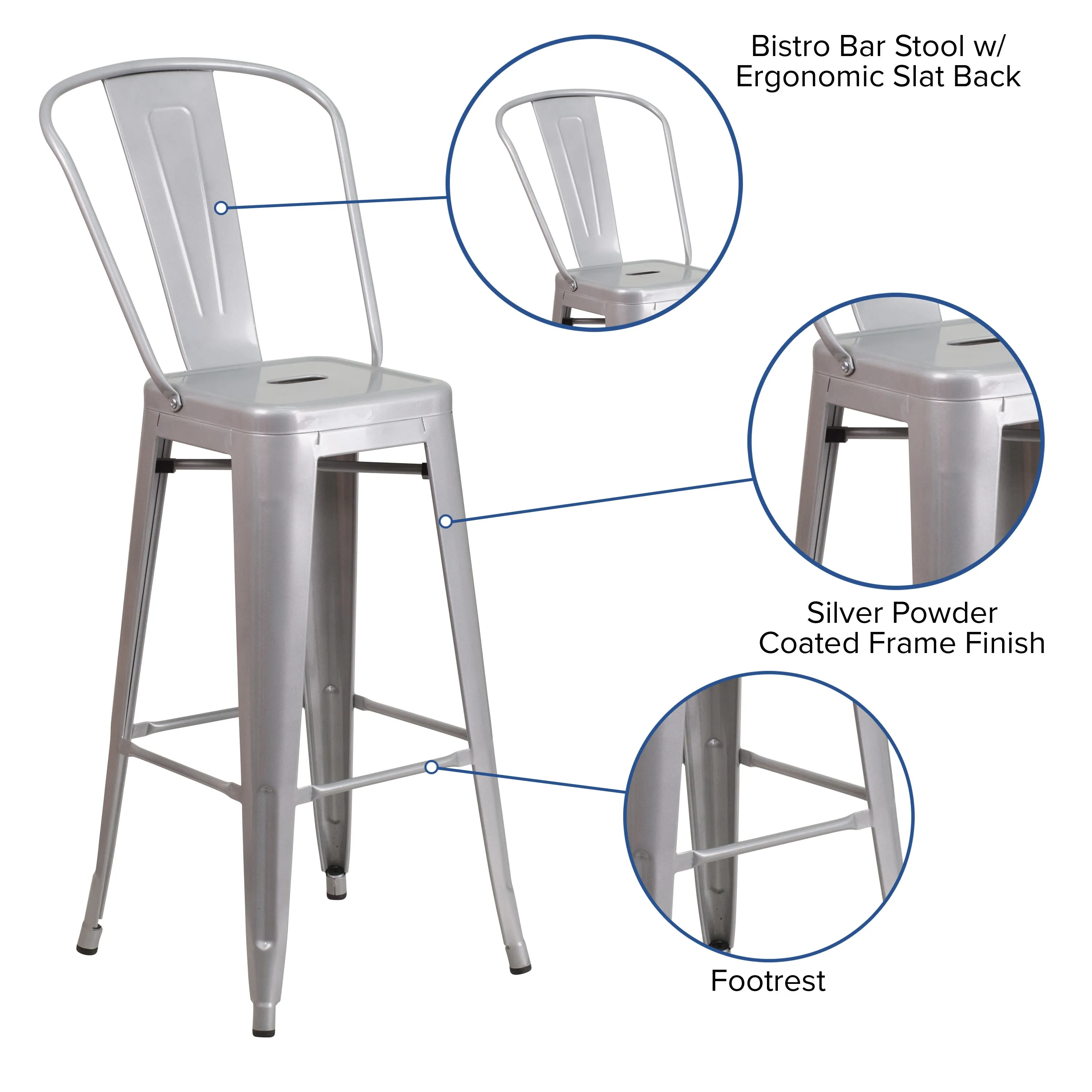 Commercial Grade 30" High Metal Indoor-Outdoor Barstool with Back