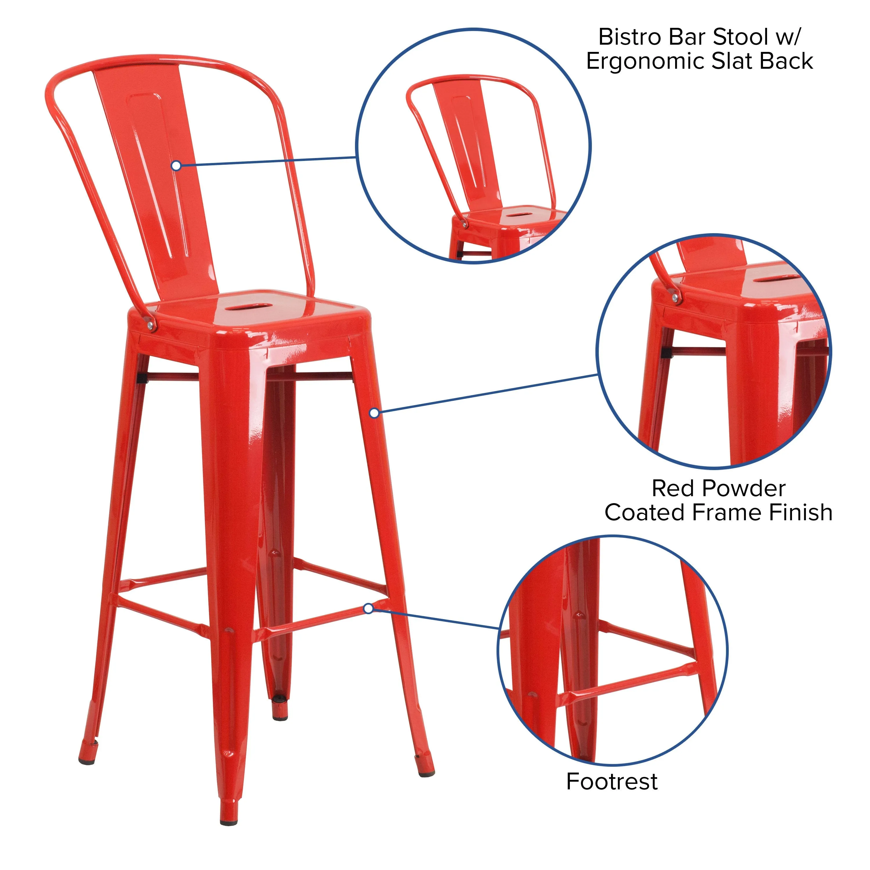 Commercial Grade 30" High Metal Indoor-Outdoor Barstool with Back