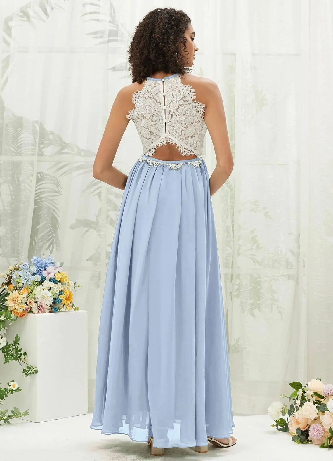 Cornflower Blue Lace Halter Neck Backless Chiffon Slit Bridesmaid Dress