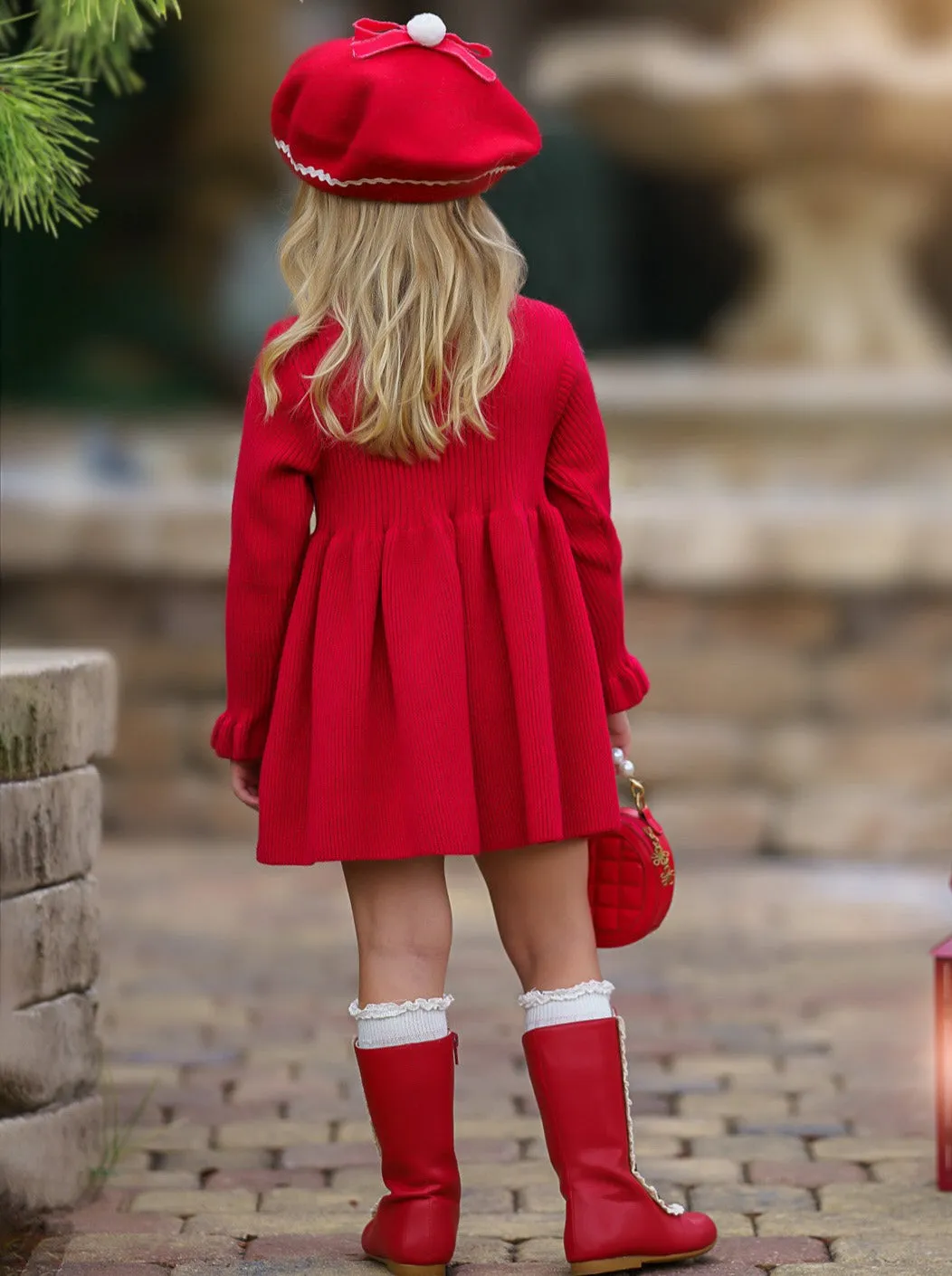 Cozy Holiday Red Ruffle Knit Sweater Dress