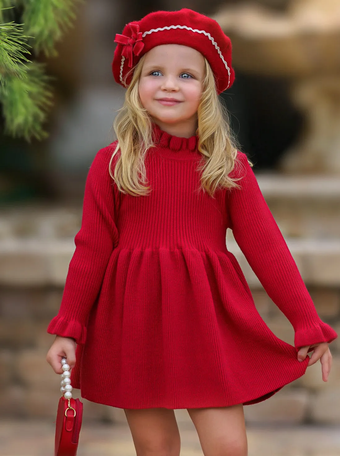 Cozy Holiday Red Ruffle Knit Sweater Dress