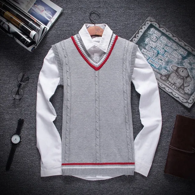 Fashion Men's Leisure Wool vest, V-neckband Shoulder Cotton knitted Sweater Vest, College Style Fashion Boys Slim Warm Sweater