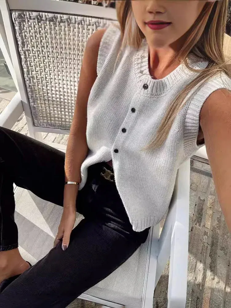 Fashionkova  Knitted Vests Top For Women Casual Single-Breasted Knitwear Cardigan Tank Sweater Female Solid Sleeveless 2024 Fashion