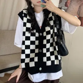 Fashionkova  Korean Style Checkerboard Knitted Sweater Vest Women V-Neck Oversized Plaid Preppy Fashion Sleeveless Knitwear Jacket