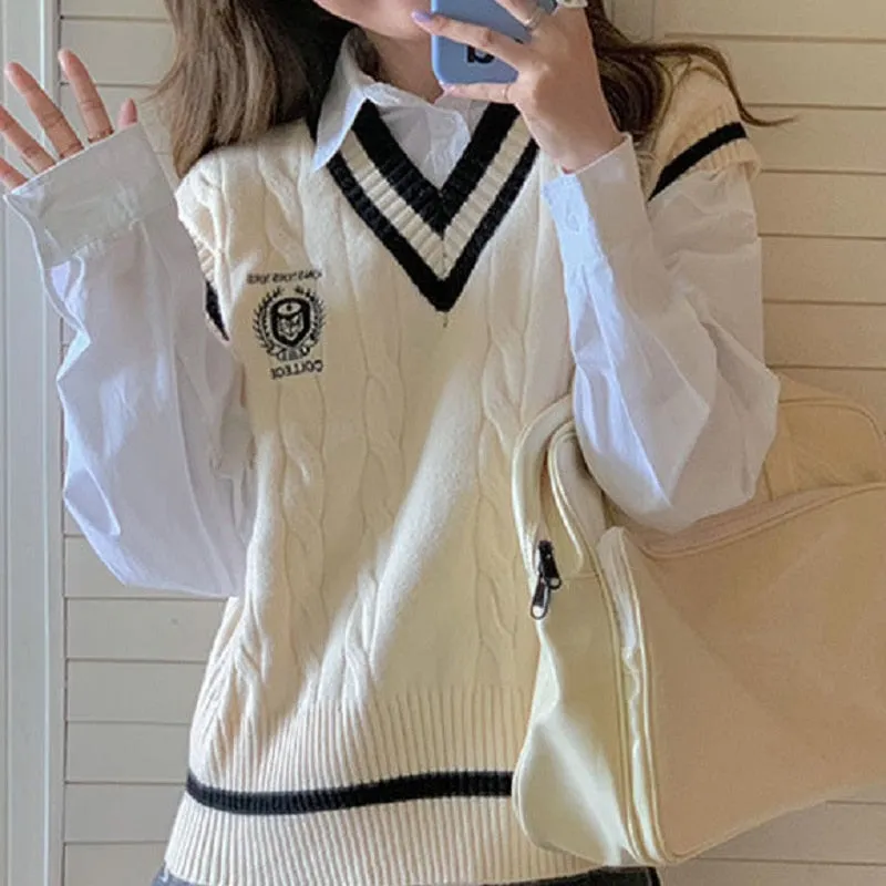 Fashionkova  Preppy Style Knitted  Sweater Vest V-Neck Oversize Korean Fashion Sleeveless  Youth Jumper Casual White Pullover Female