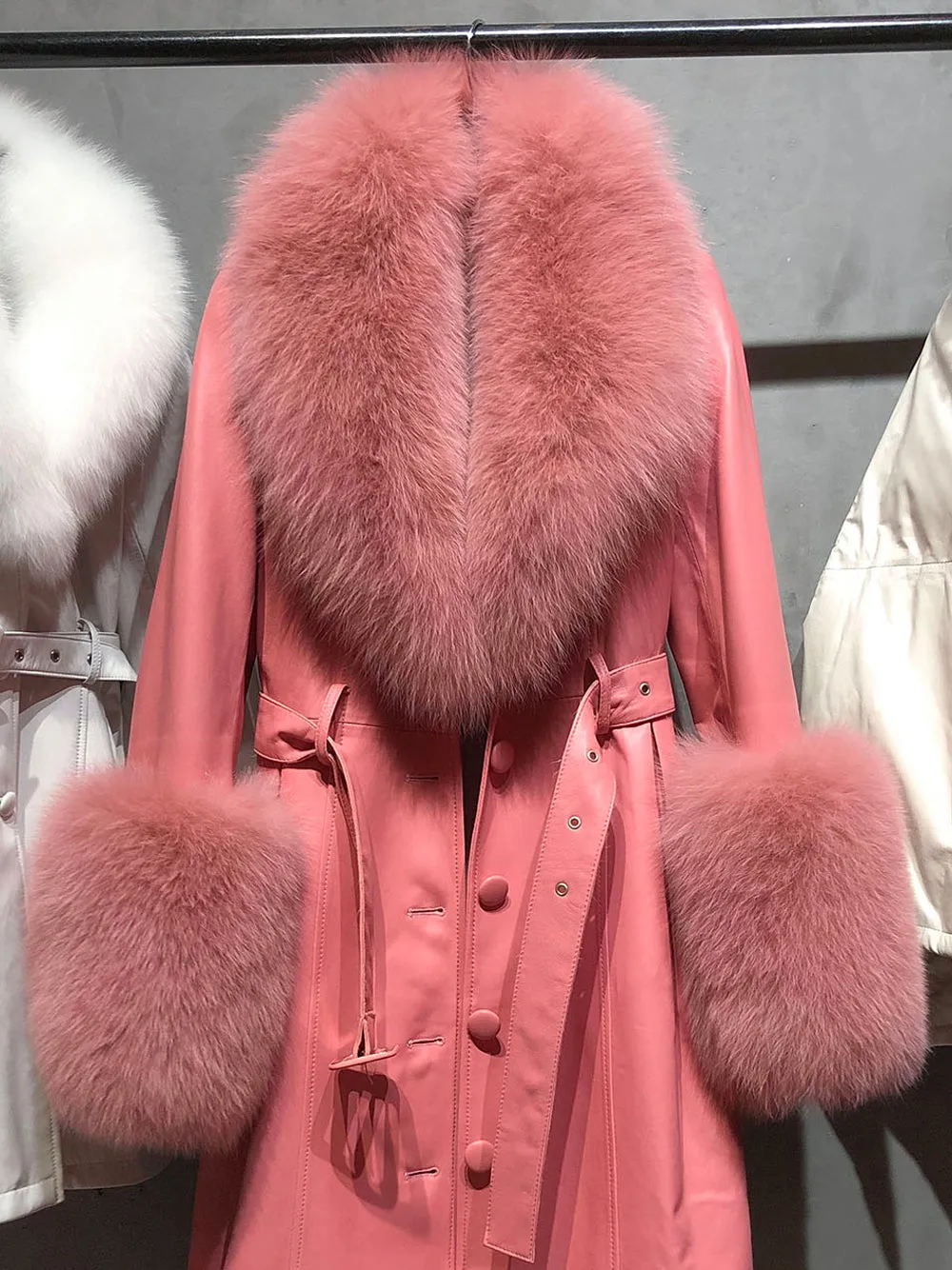 Faux Fur Genuine Leather Coat in Rose Pink