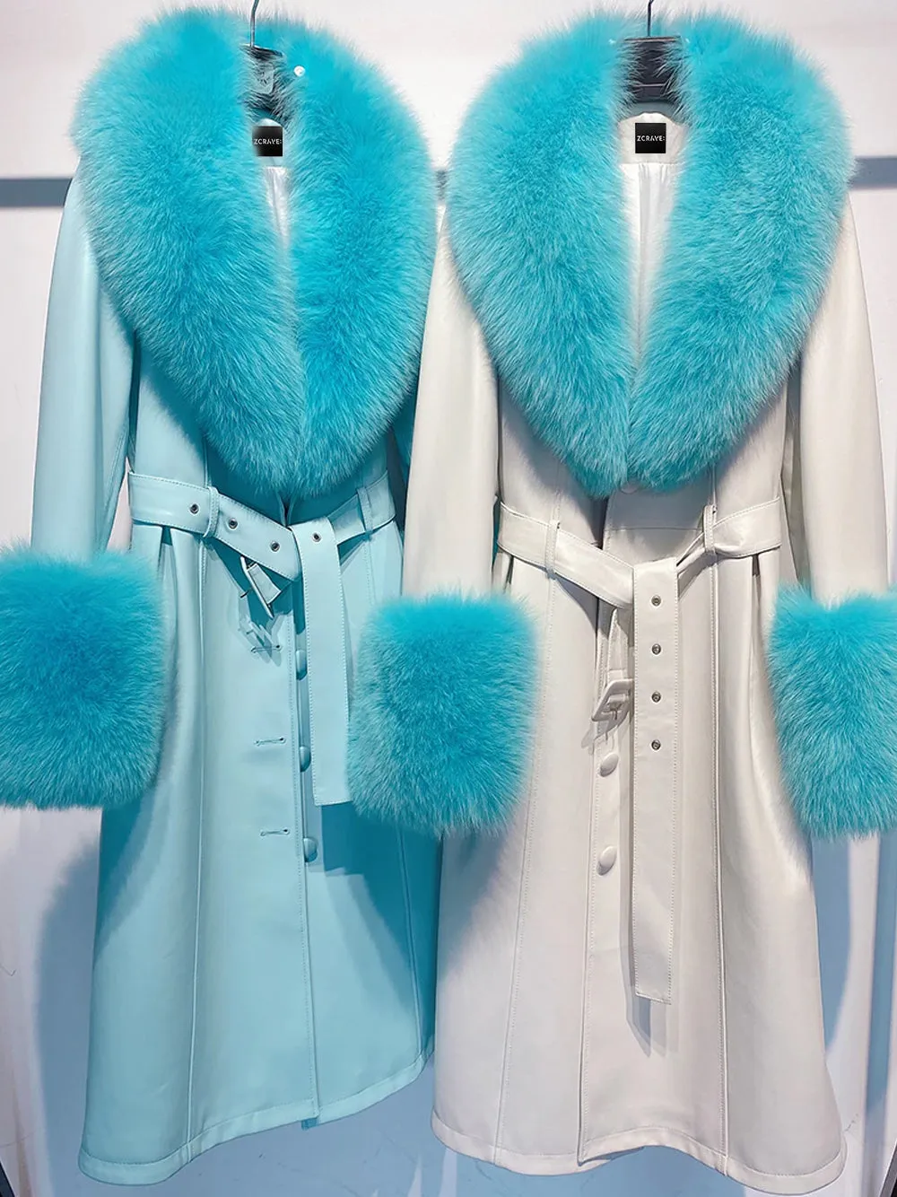 Faux Fur Genuine Leather Coat in White & Blue