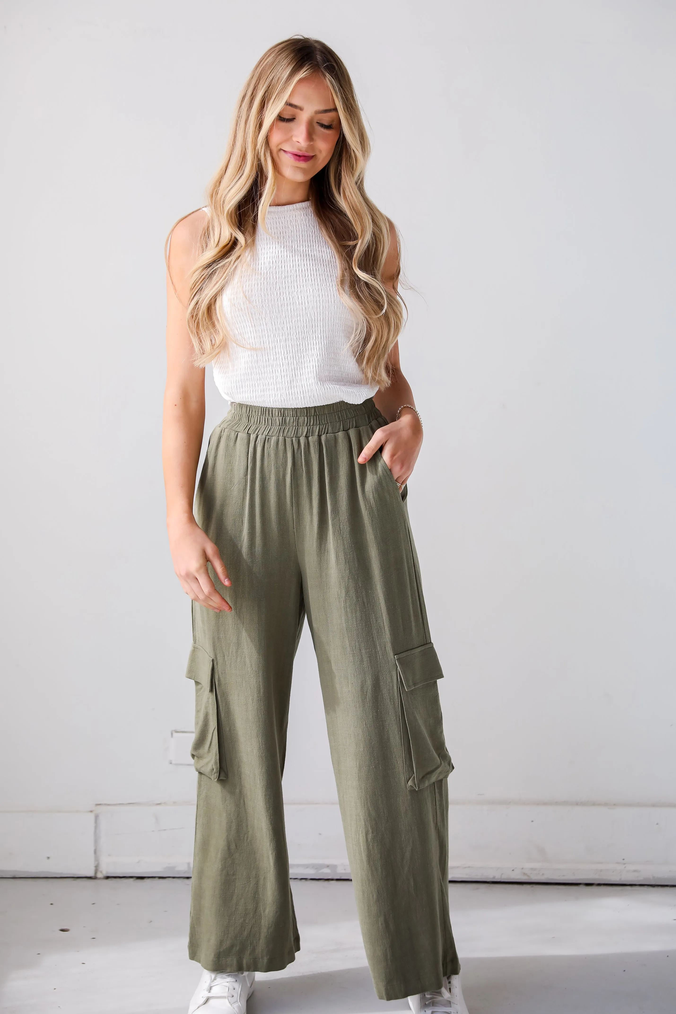 FINAL SALE - Confidently Sleek Light Olive Linen Cargo Pants - DU DEAL