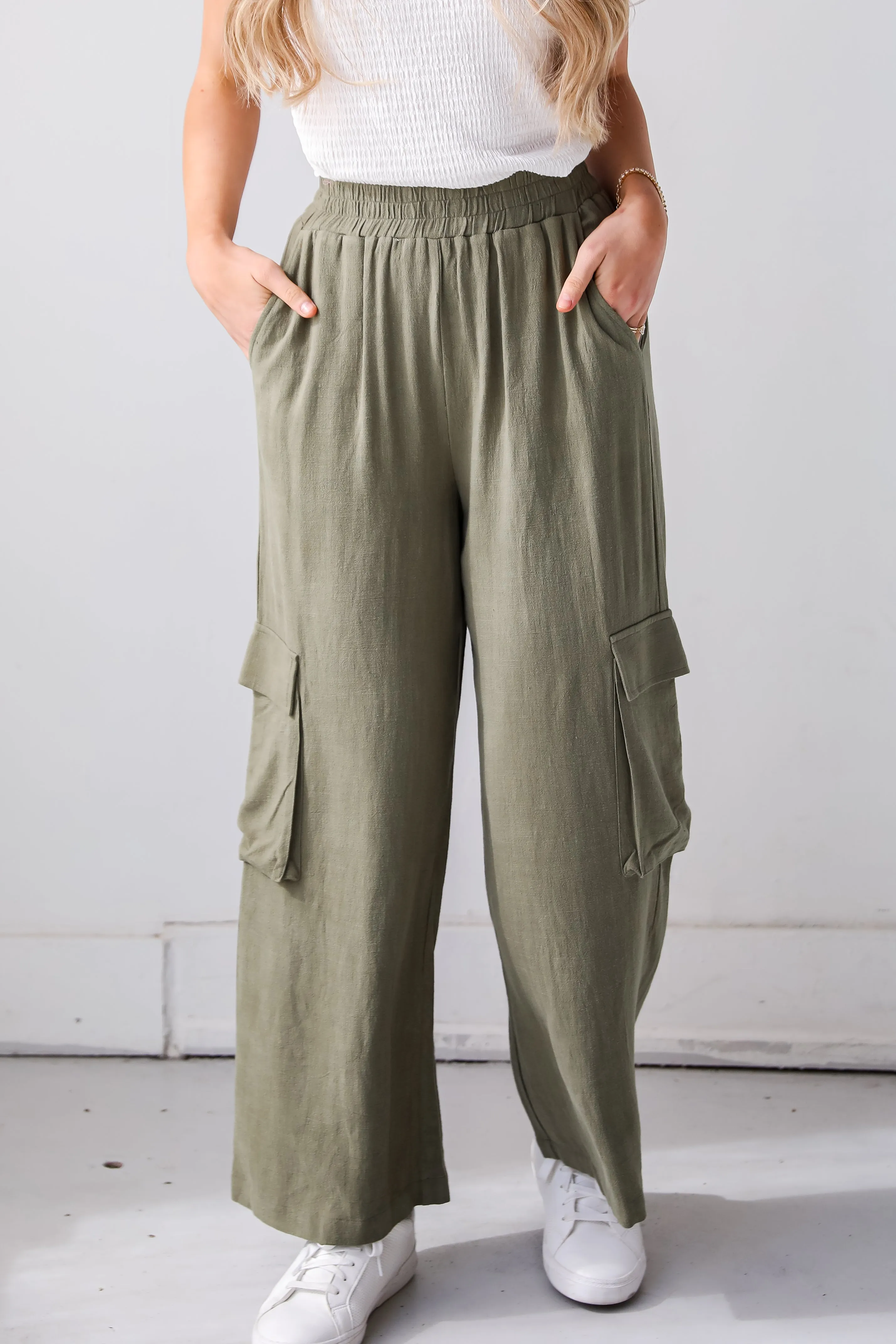 FINAL SALE - Confidently Sleek Light Olive Linen Cargo Pants - DU DEAL