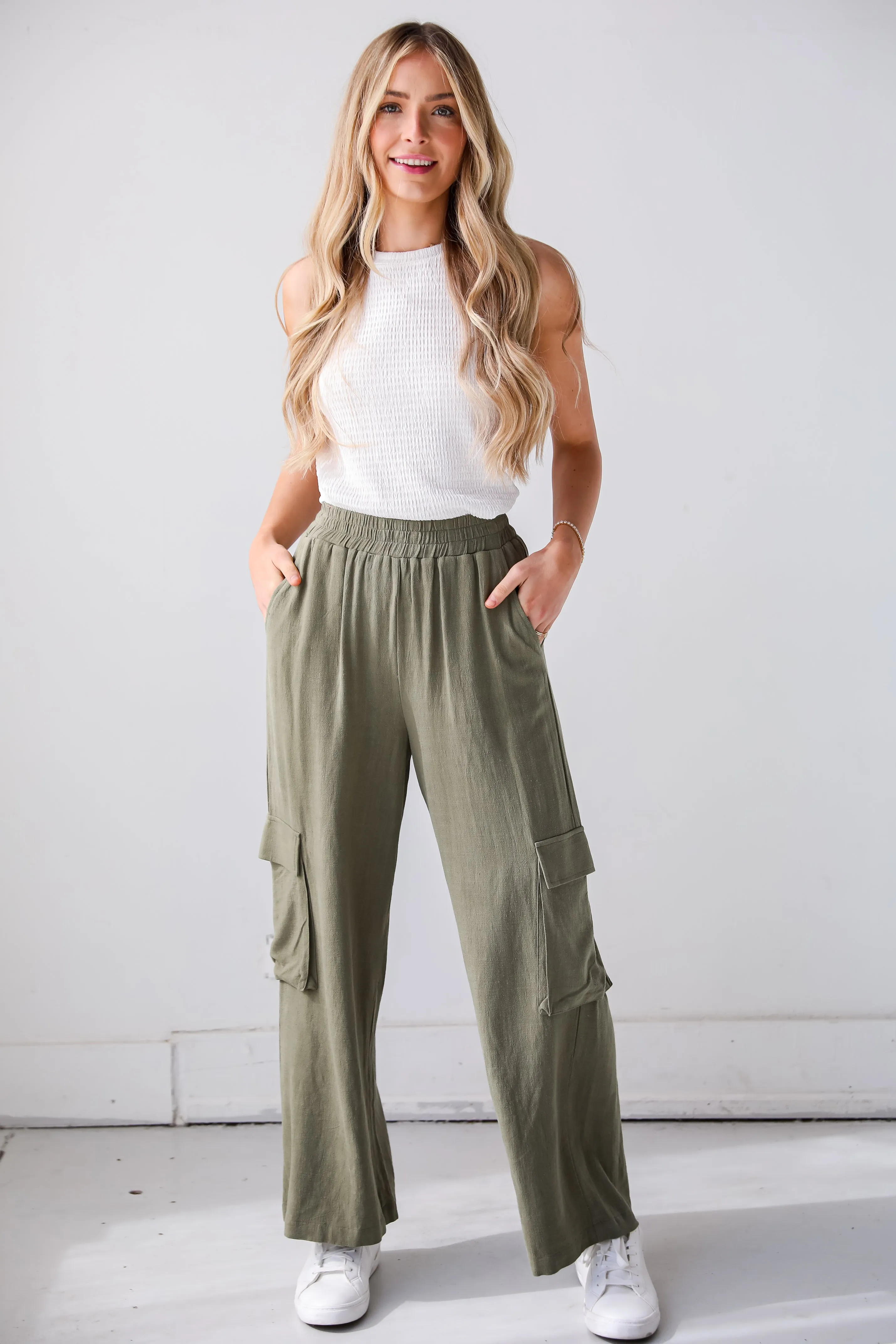 FINAL SALE - Confidently Sleek Light Olive Linen Cargo Pants - DU DEAL