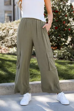 FINAL SALE - Confidently Sleek Light Olive Linen Cargo Pants - DU DEAL