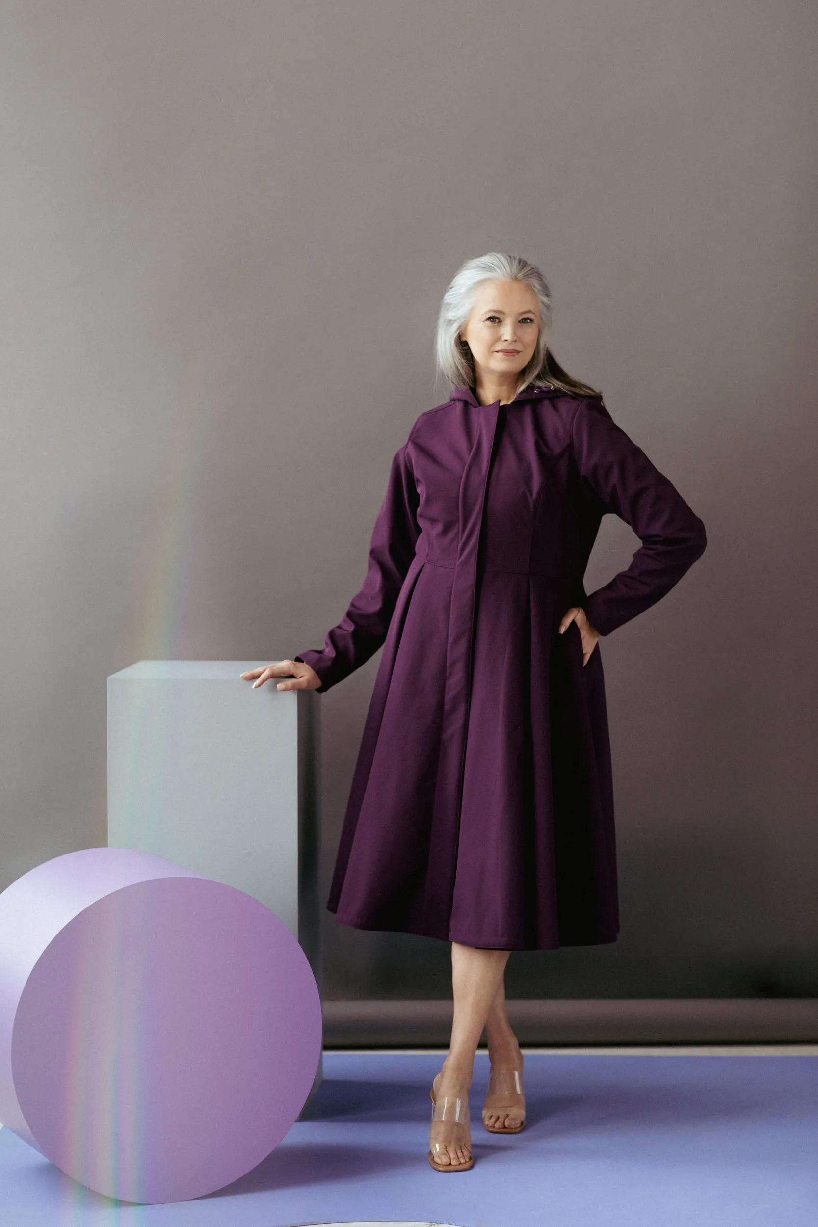 Fit and Flare Coat with Pleated Skirts in Dark Purple | 'Ruby Purple'