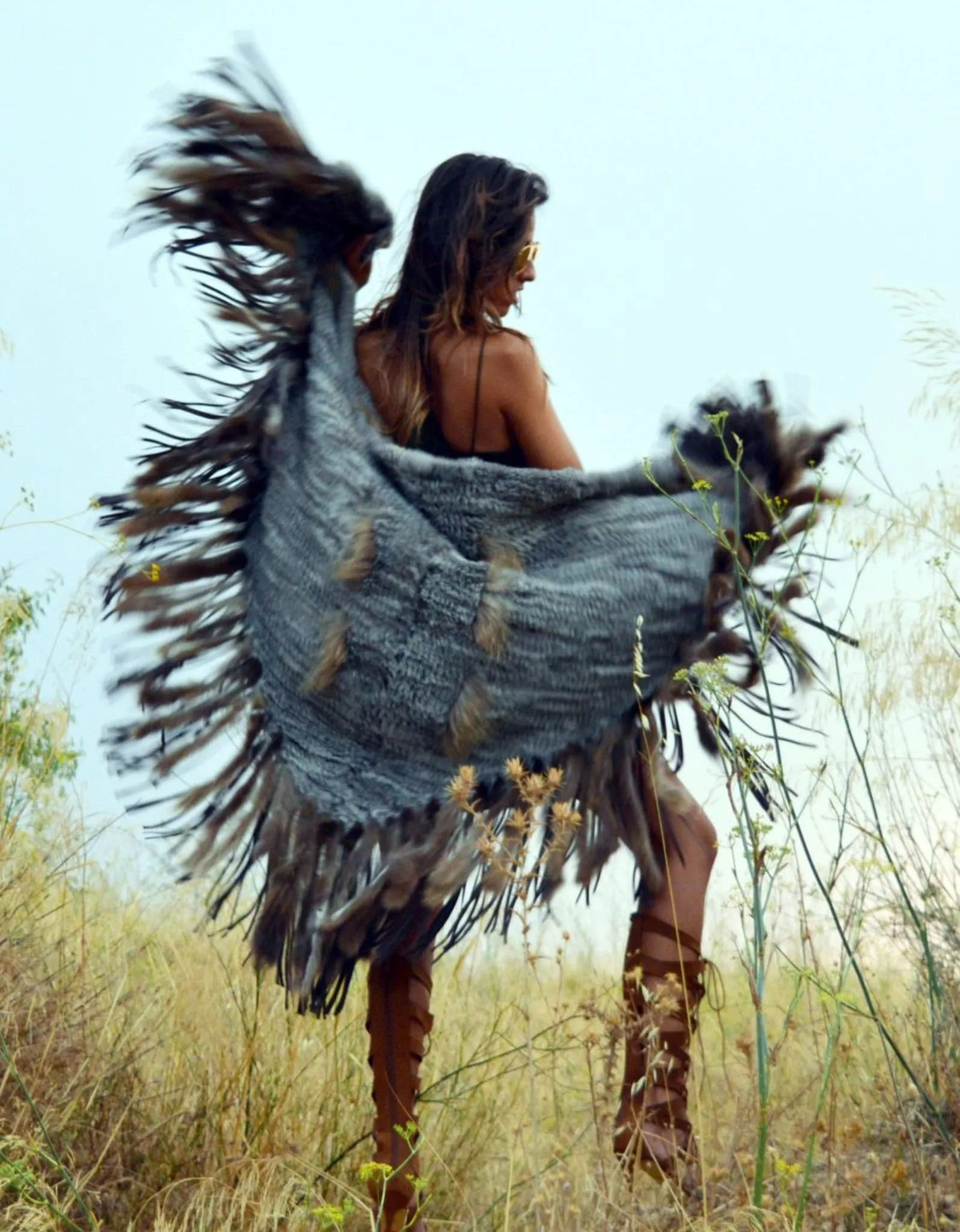 Fur Poncho with Tassels in Light Blue