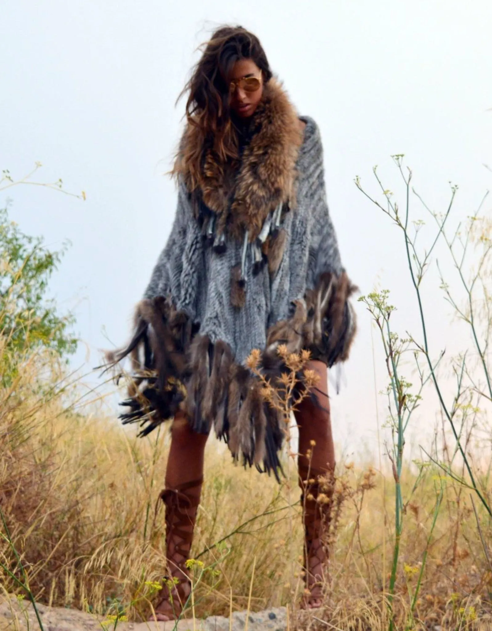 Fur Poncho with Tassels in Light Blue