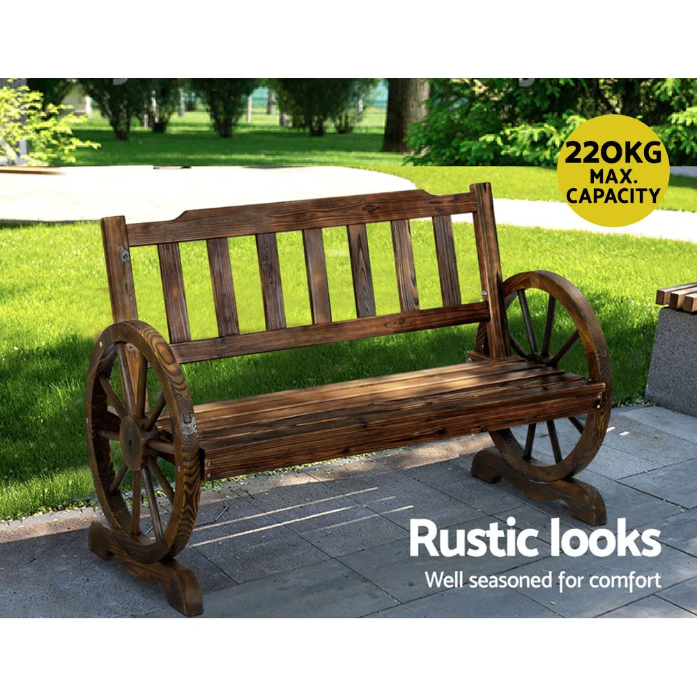 Garden Wooden Wagon Wheel Bench Rustic 2 Seater W/ Backrest Brown