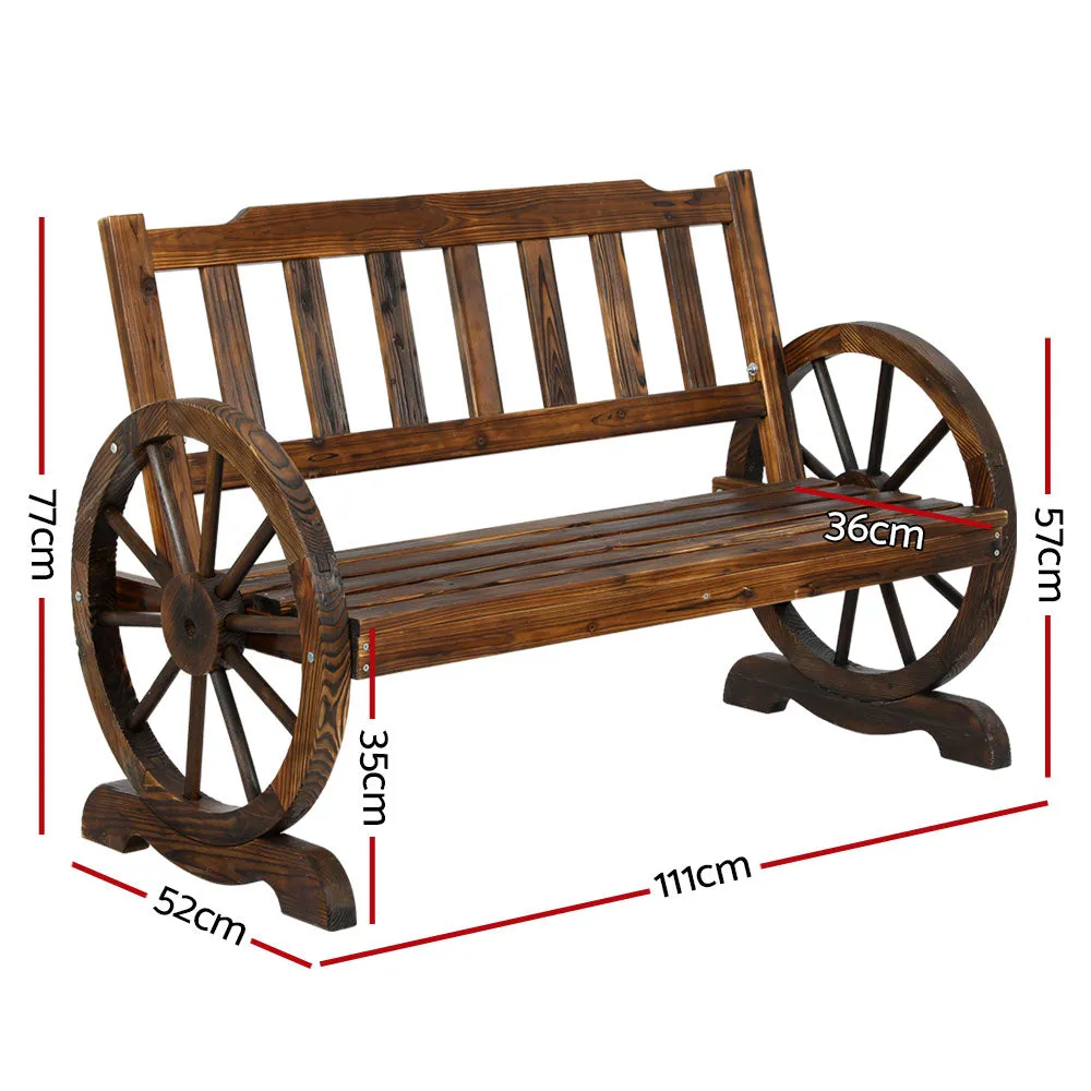 Garden Wooden Wagon Wheel Bench Rustic 2 Seater W/ Backrest Brown