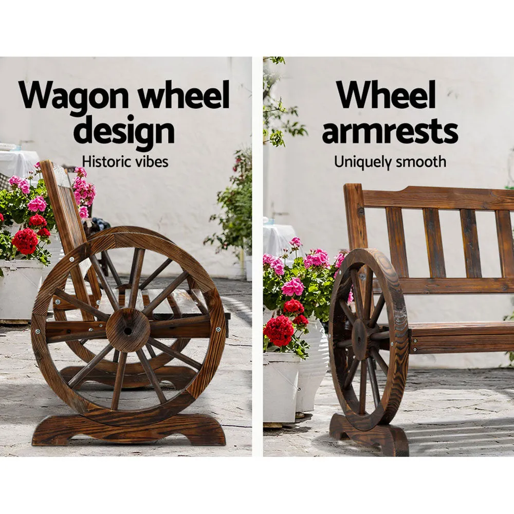 Garden Wooden Wagon Wheel Bench Rustic 2 Seater W/ Backrest Brown