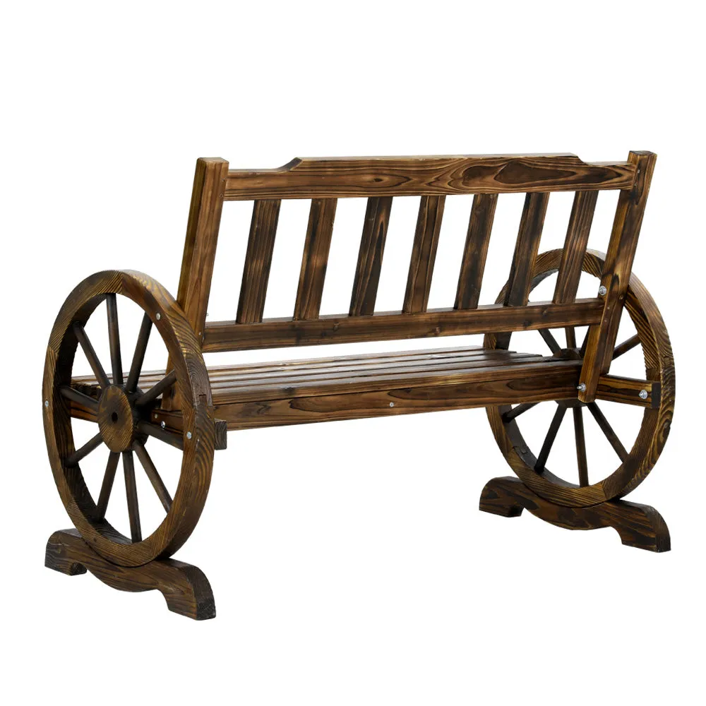 Garden Wooden Wagon Wheel Bench Rustic 2 Seater W/ Backrest Brown