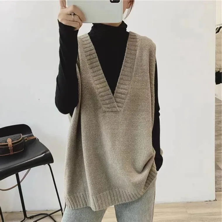 Girlary-shop black skirt outfit fall Korean Style V-neck Vest Vest Women's Autumn and Winter Sleeveless Mid-Length Loose Knitted Sweater Top