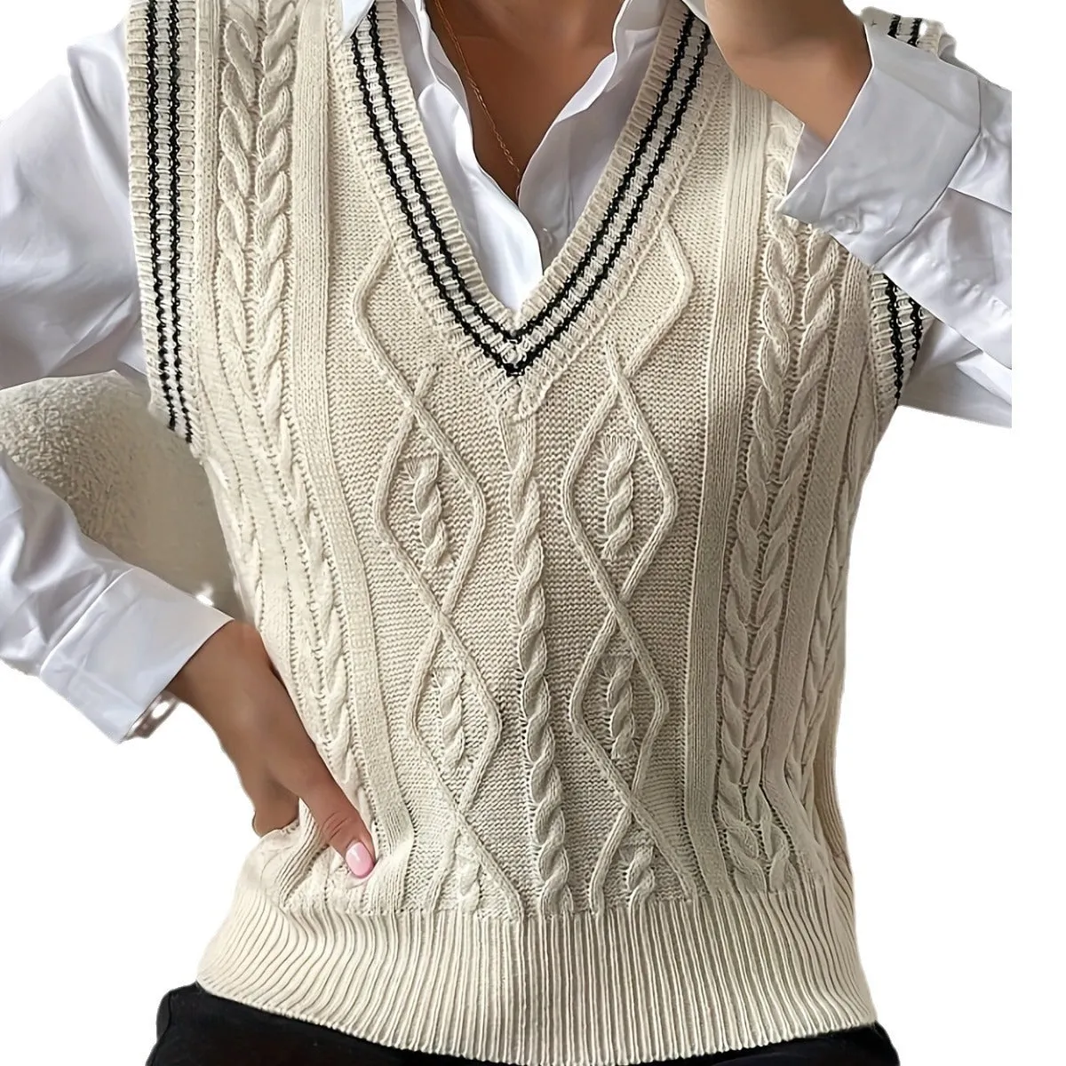 Girlary-shop business casual outfits for women 2024 Autumn and Winter Fashion New Wear V-neck Knitted Vest (without Shirt)