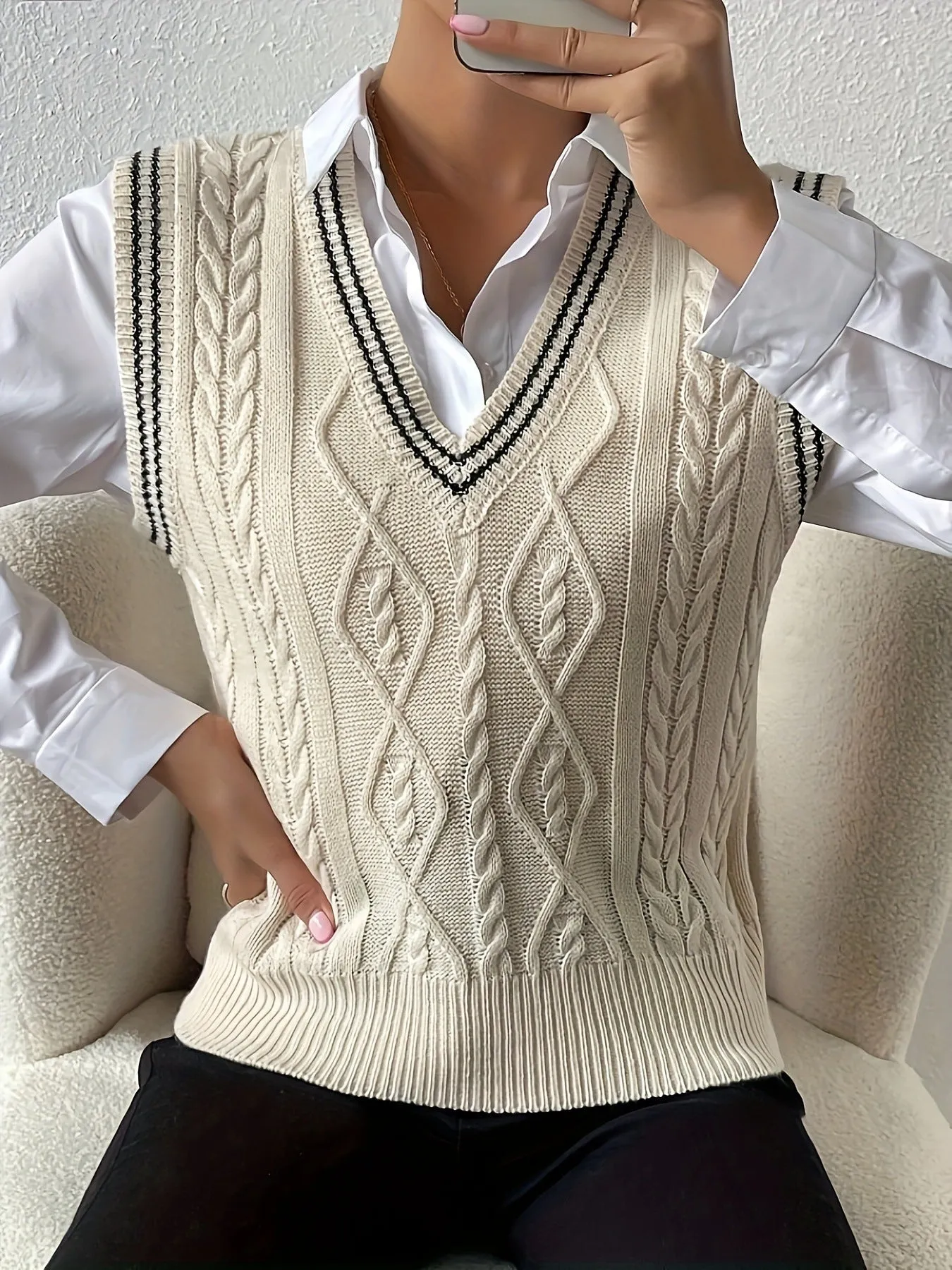 Girlary-shop business casual outfits for women 2024 Autumn and Winter Fashion New Wear V-neck Knitted Vest (without Shirt)