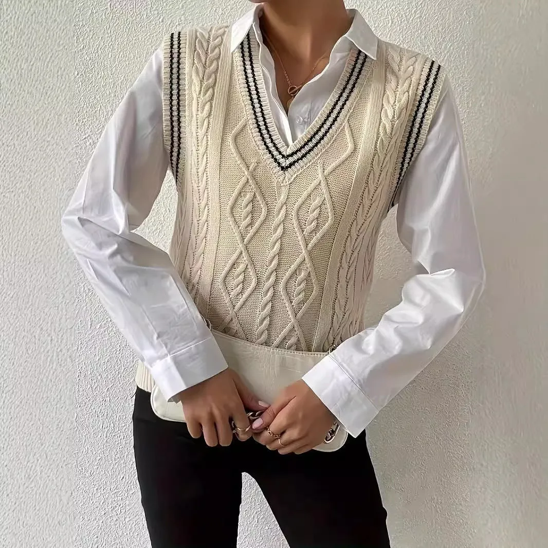 Girlary-shop business casual outfits for women 2024 Autumn and Winter Fashion New Wear V-neck Knitted Vest (without Shirt)