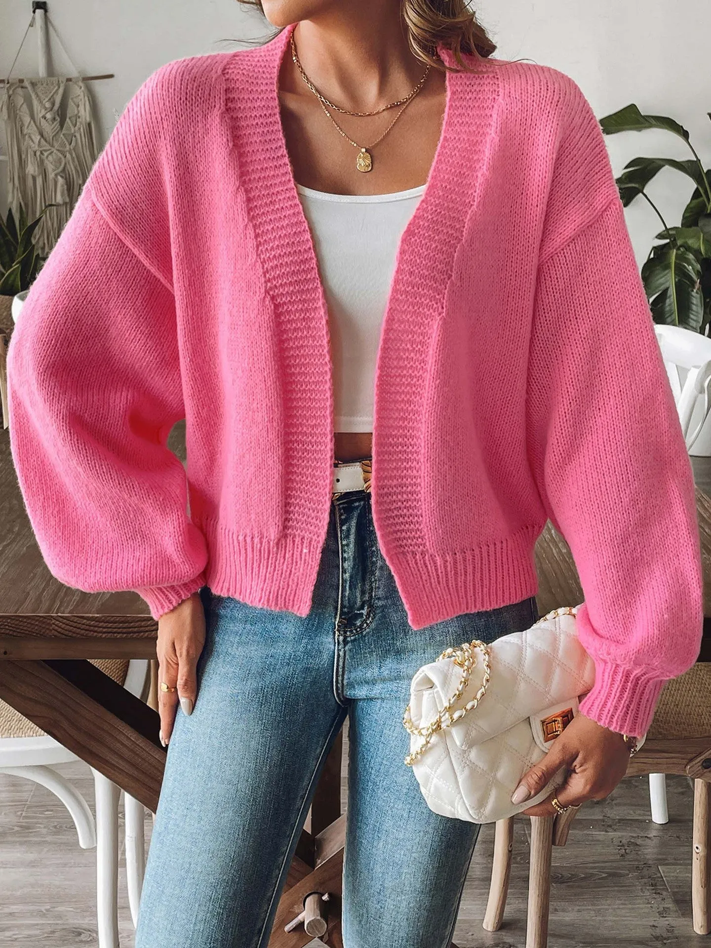 Girlary-shop business casual outfits Women's Cardigan Woven Sweater Women's Autumn and Winter Lantern Sleeve Simple Casual Sweater Coat