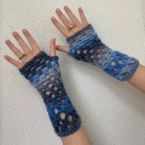 Handmade Blue Daze crochet fishnet hand warmers