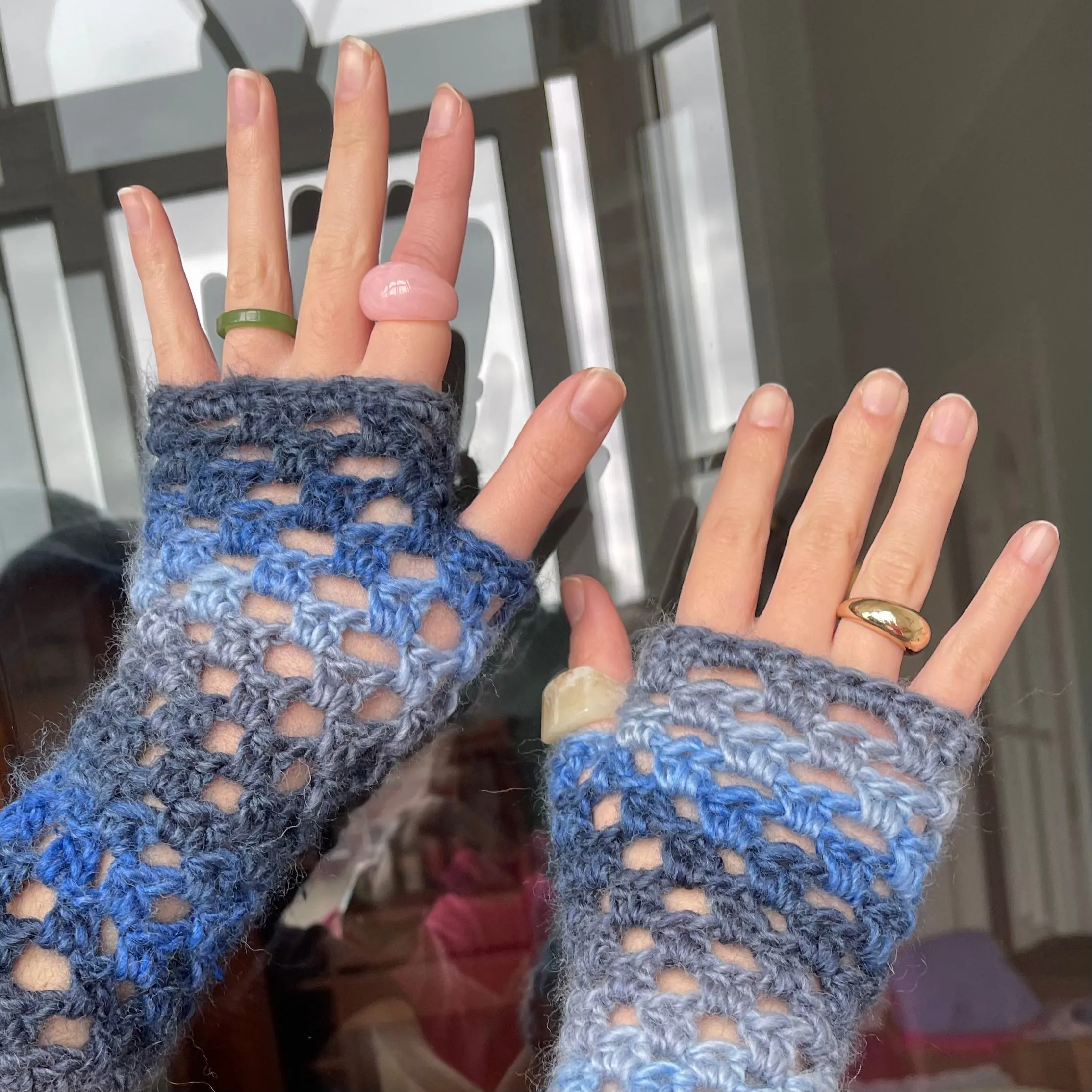 Handmade Blue Daze crochet fishnet hand warmers