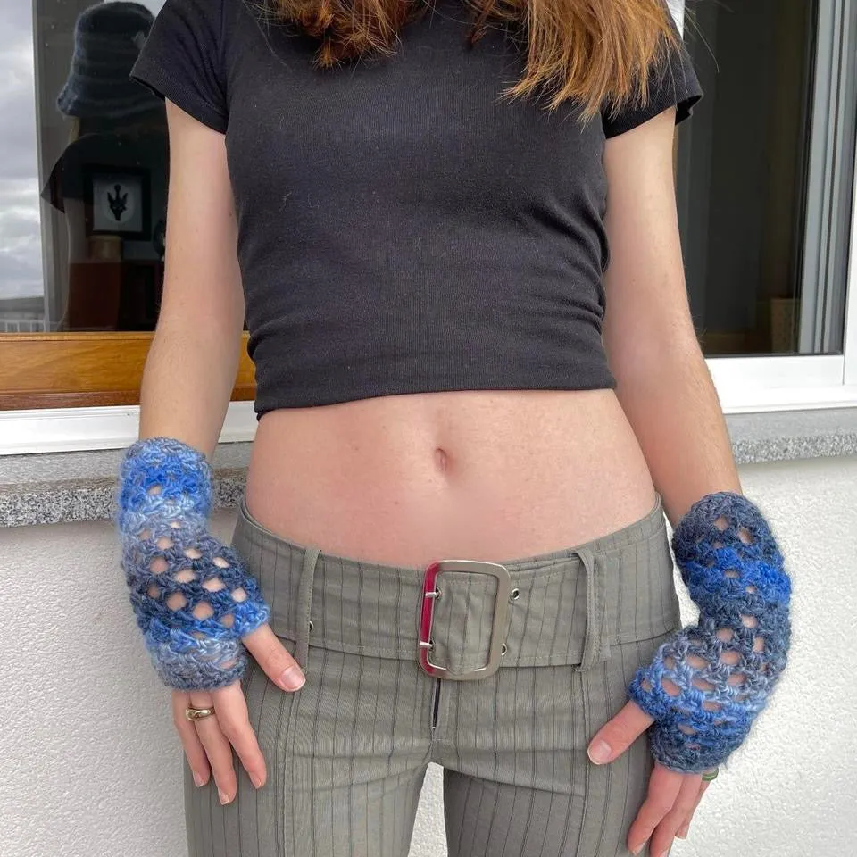 Handmade Blue Daze crochet fishnet hand warmers