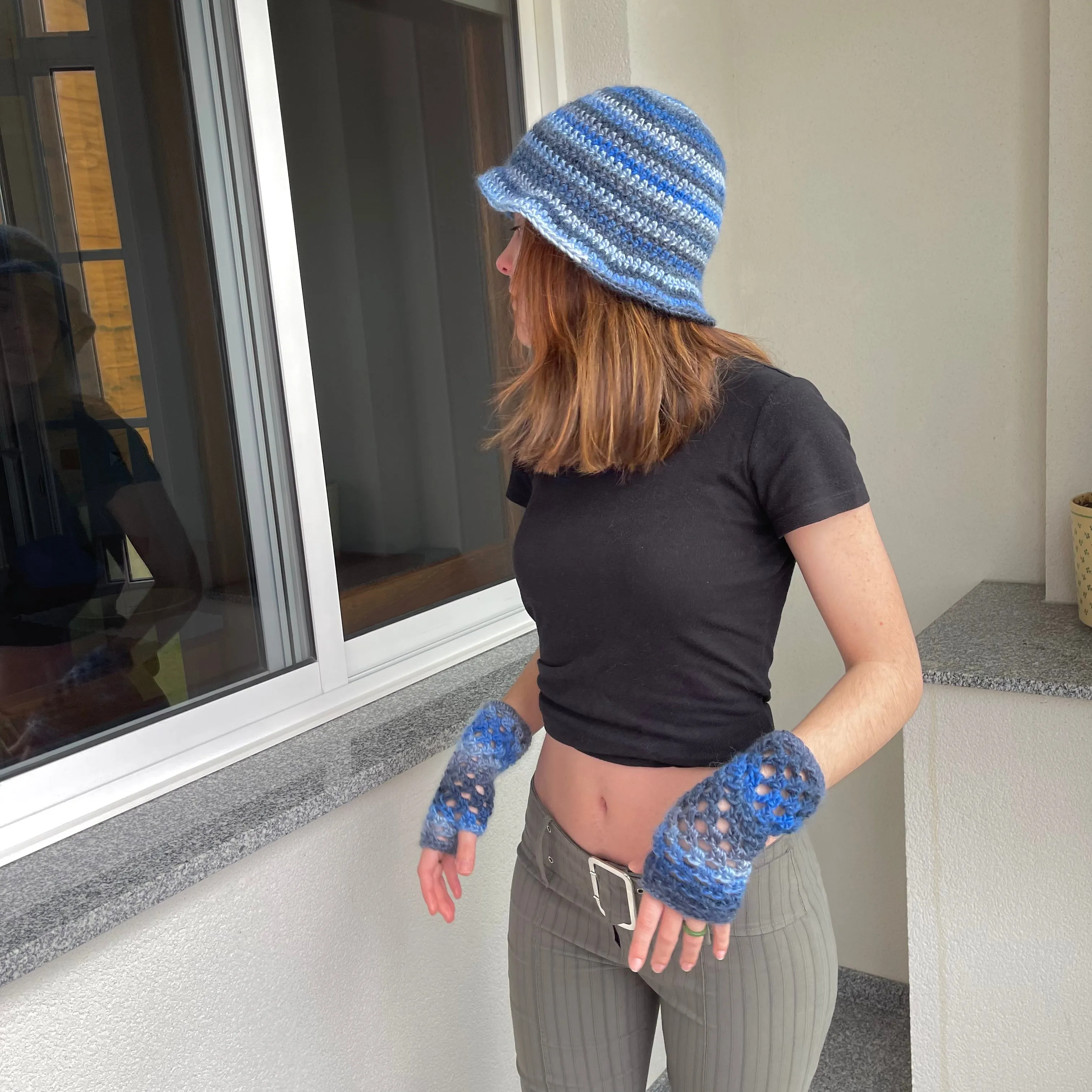 Handmade Blue Daze crochet fishnet hand warmers