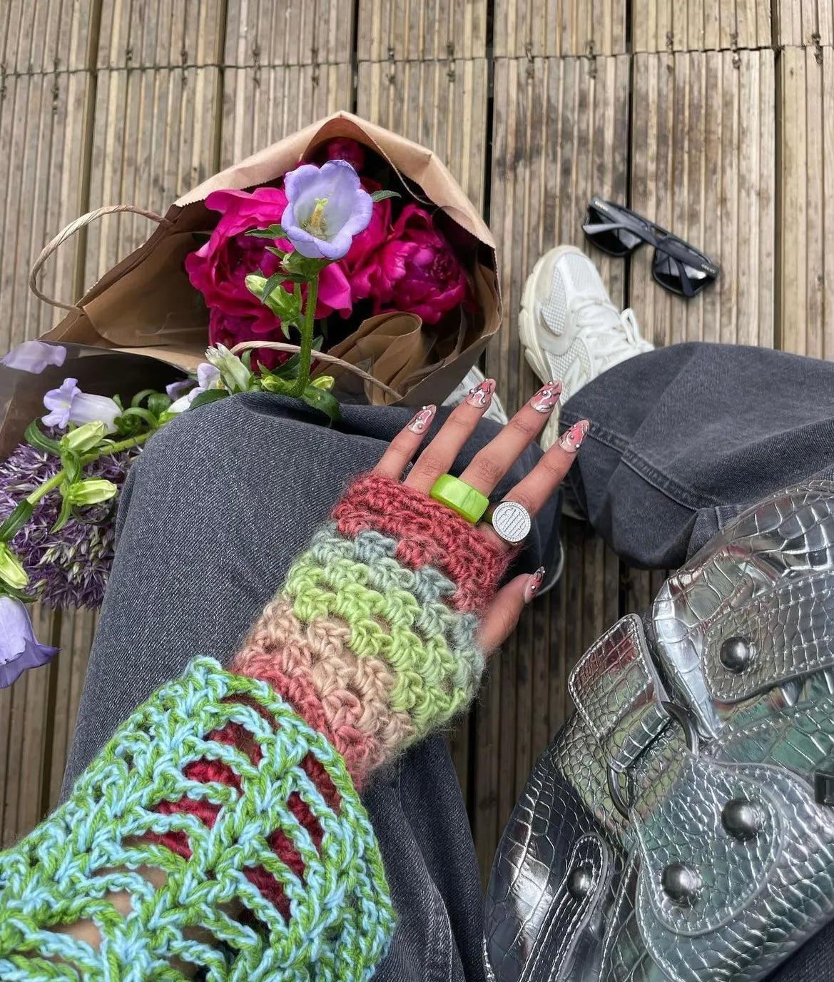 Handmade Fireburst crochet fishnet hand warmers