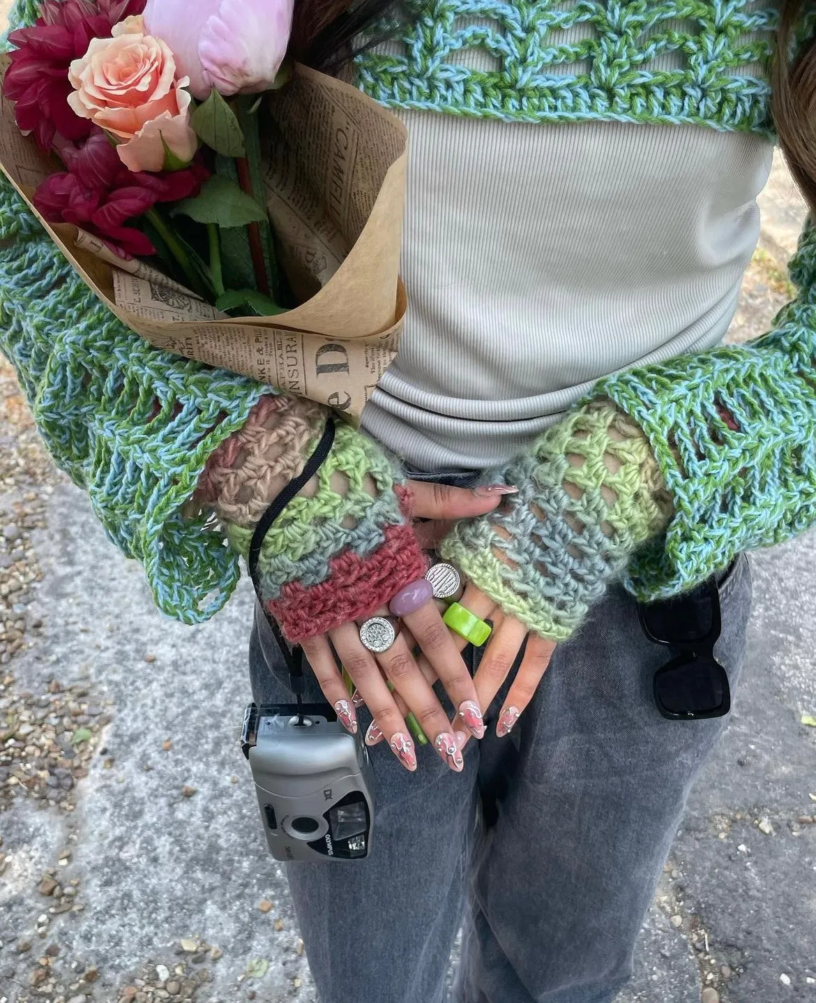 Handmade Fireburst crochet fishnet hand warmers