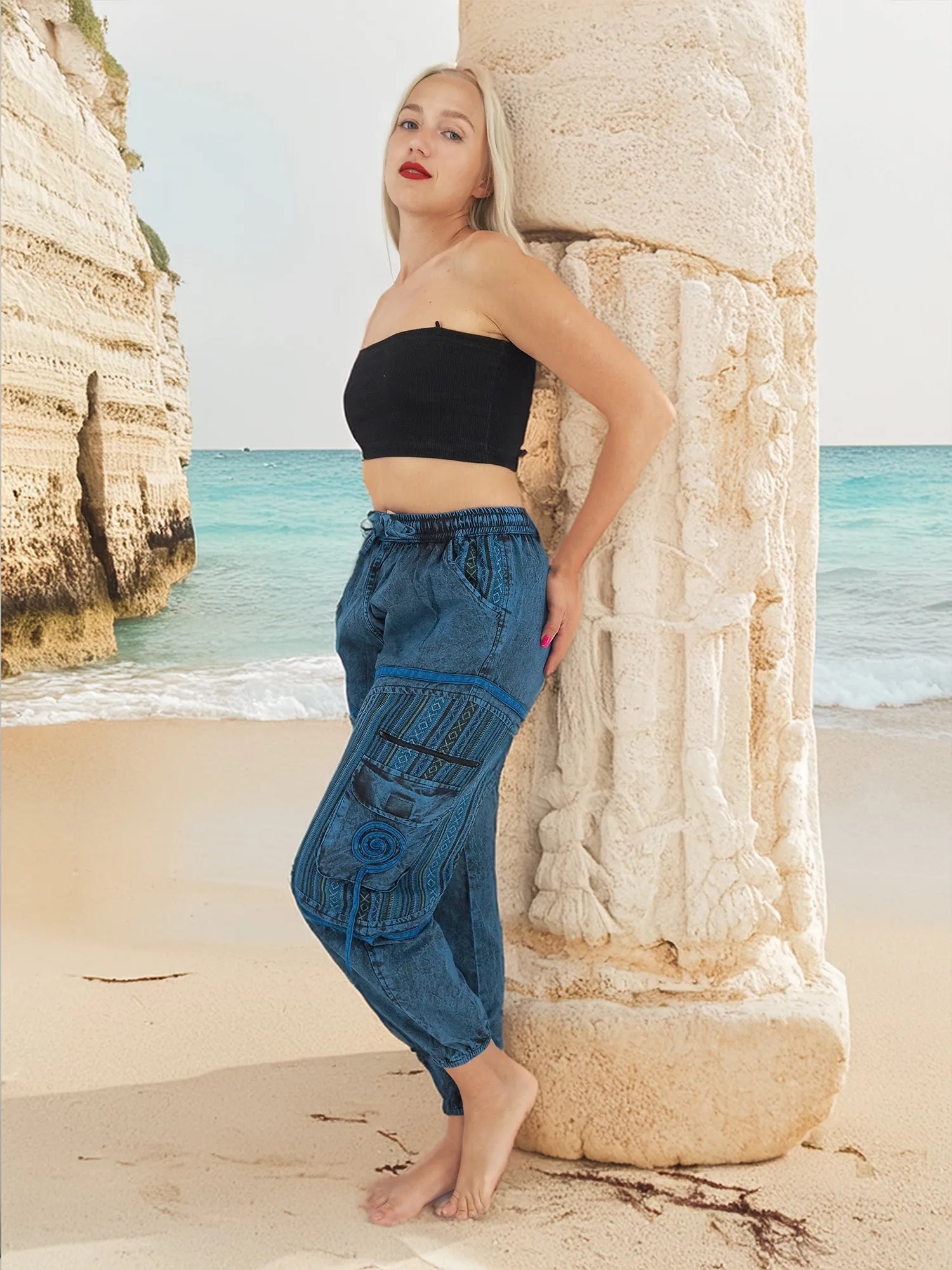 Handmade Unisex Boho Cotton Hippie Yoga Pants Size S/M-L/XL-XXL Blue