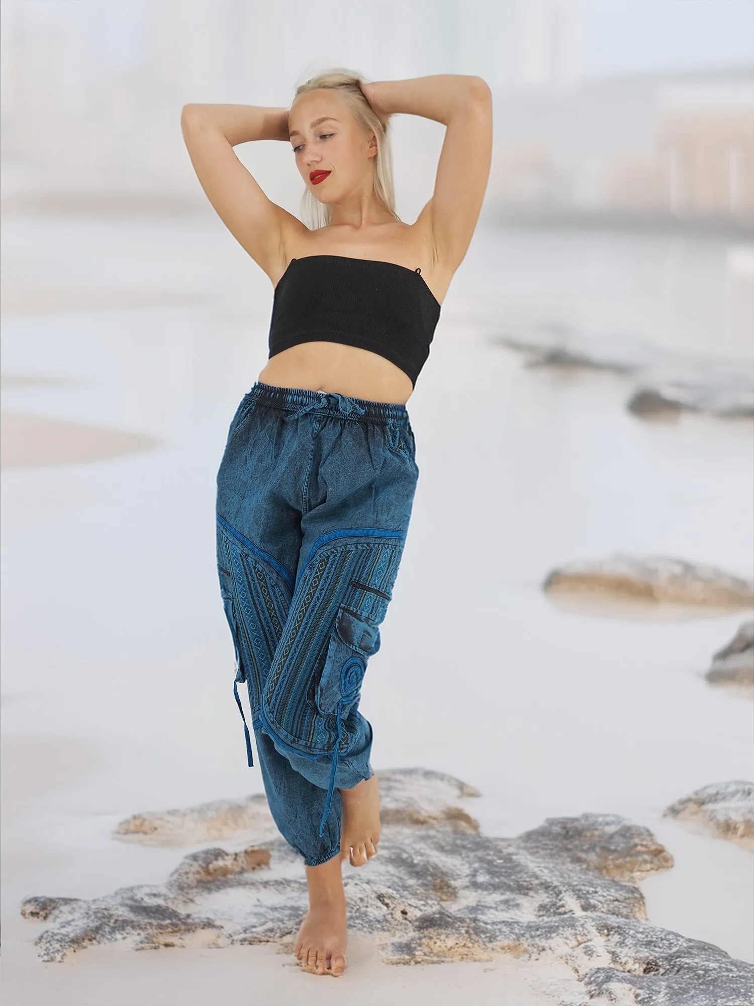 Handmade Unisex Boho Cotton Hippie Yoga Pants Size S/M-L/XL-XXL Blue