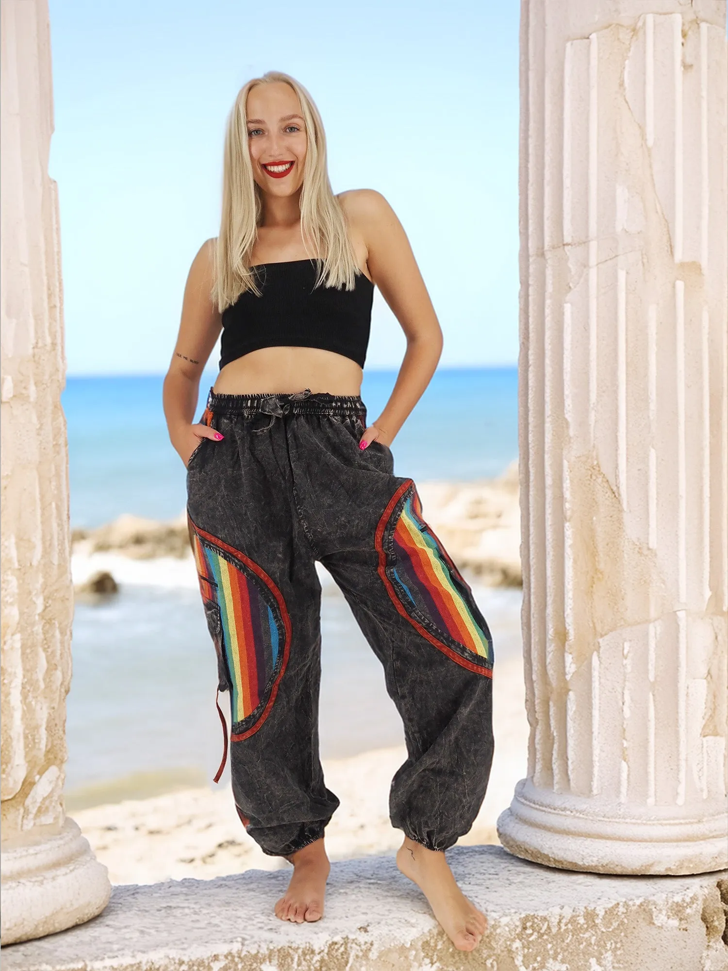 Handmade Unisex Boho Cotton Hippie Yoga Pants Size S/M-L/XL-XXL Gray Rainbow