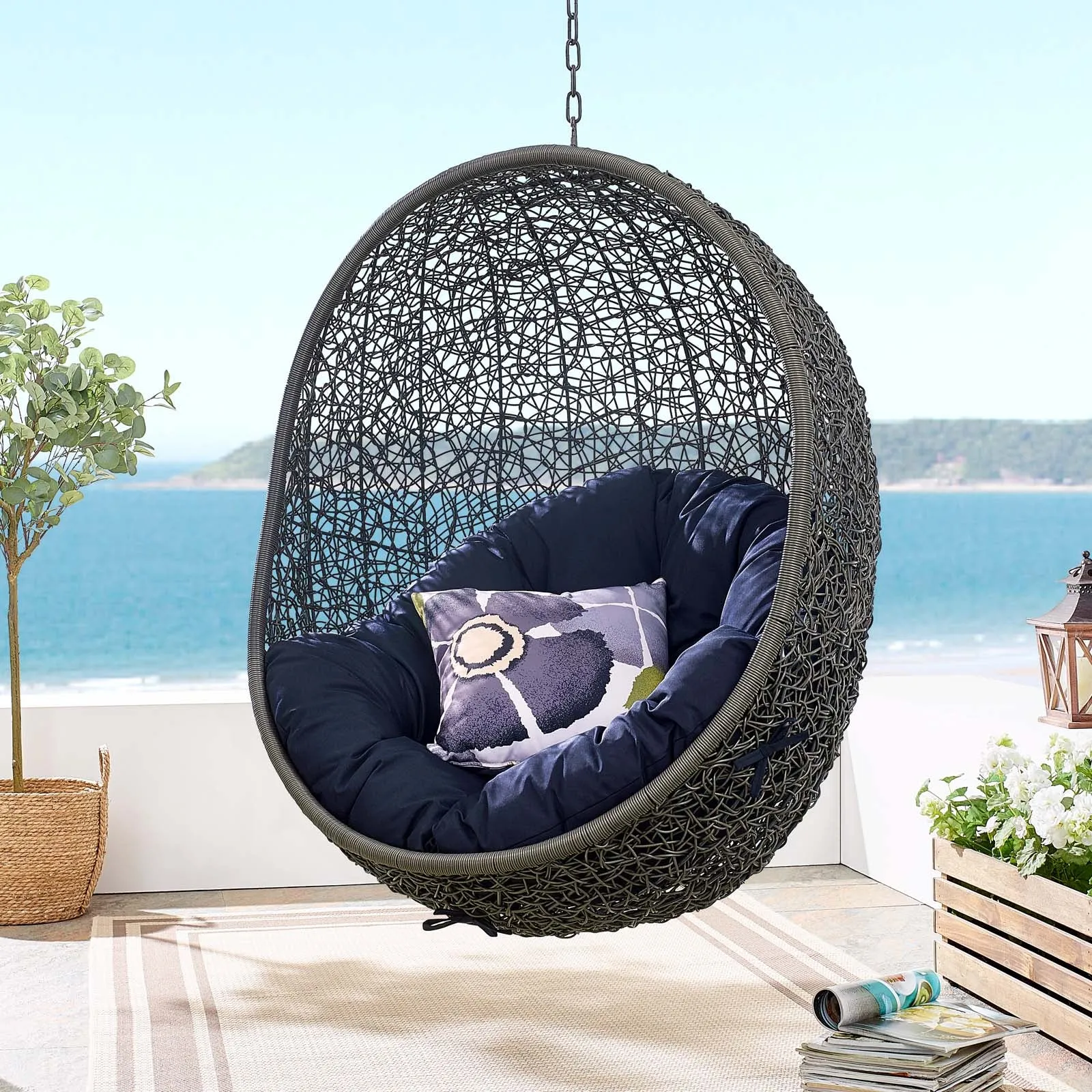 Hide Outdoor Patio Swing Chair With Stand Gray Navy EEI-2273-GRY-NAV