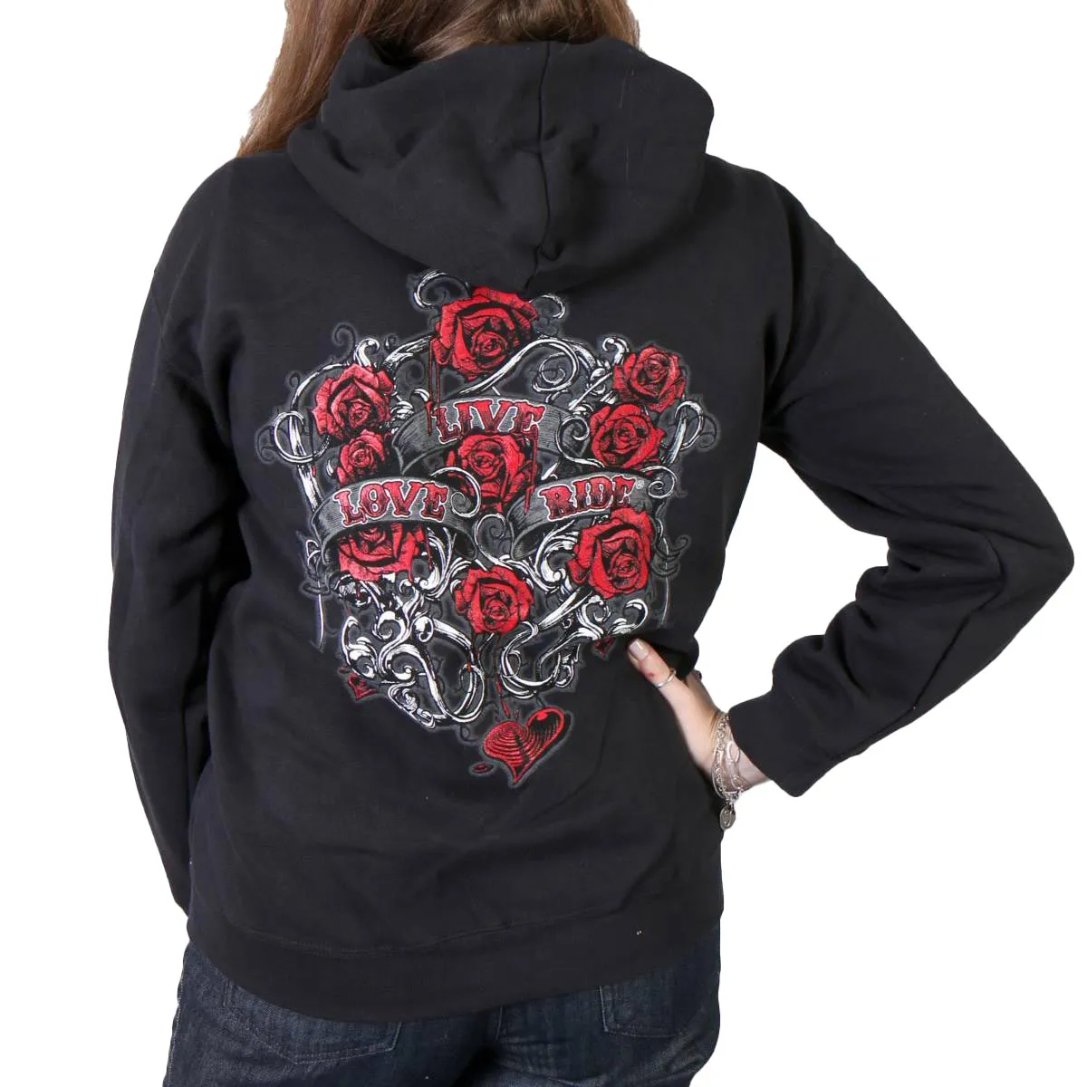 Hot Leathers GLZ4246 Ladies Black Hoodie Sweatshirt with Live, Love, Ride and Roses Artwor