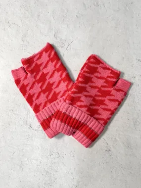 Houndstooth Fingerless Mittens, Red/Pink