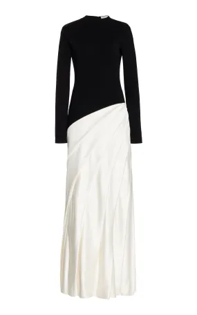 Ismay Pleated Dress in Black & Ivory Silk Satin