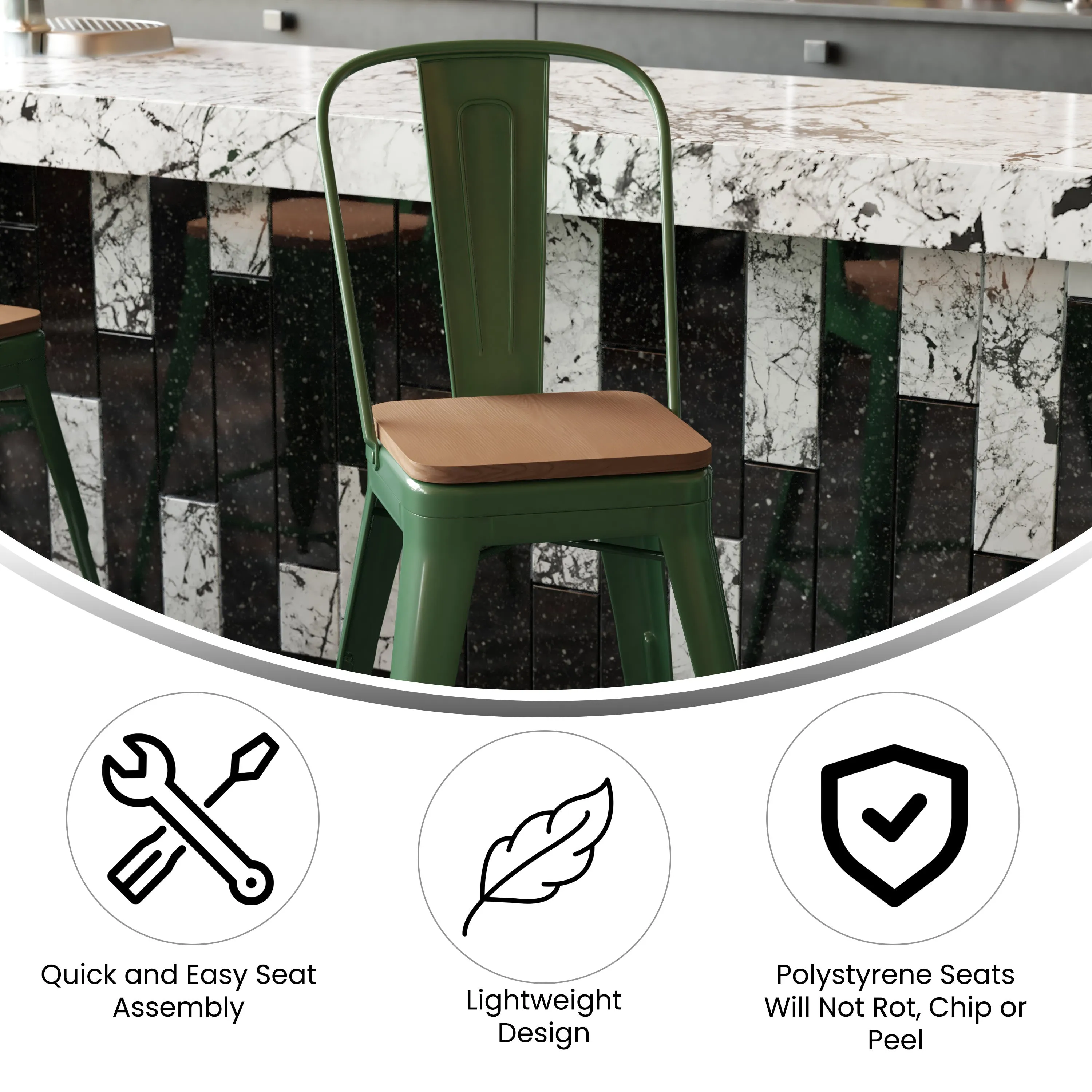 Kai Commercial Grade 24" High Metal Indoor-Outdoor Counter Height Stool with Removable Back and All-Weather Poly Resin Seat