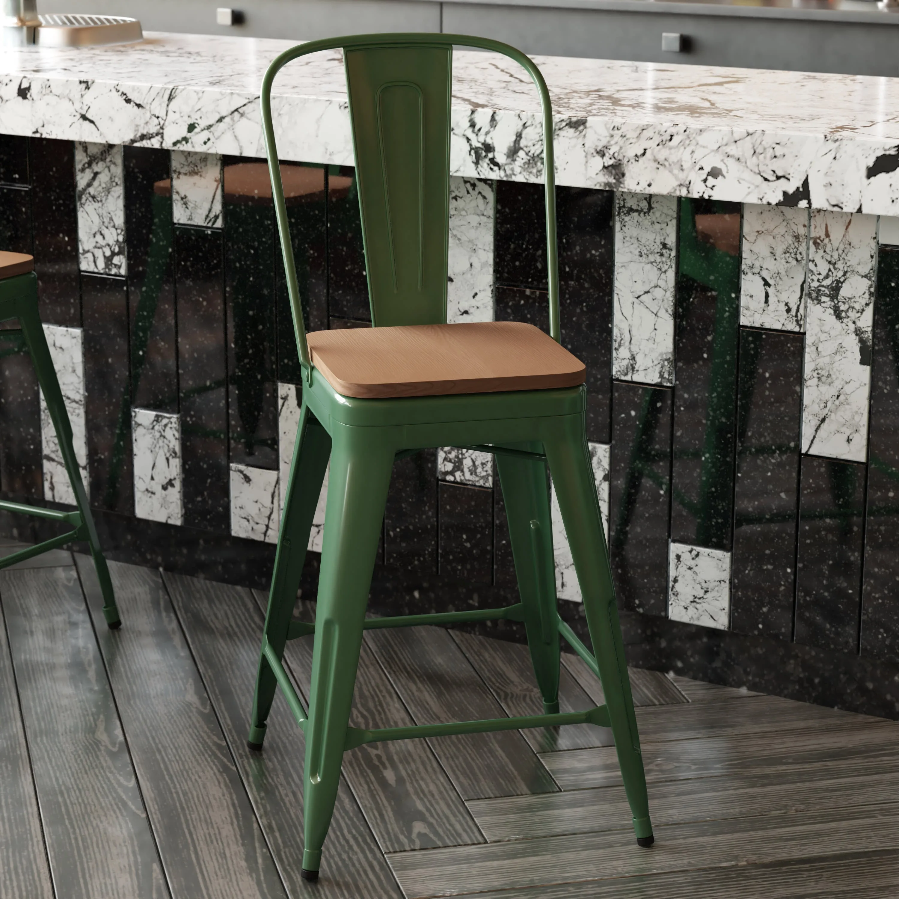 Kai Commercial Grade 24" High Metal Indoor-Outdoor Counter Height Stool with Removable Back and All-Weather Poly Resin Seat