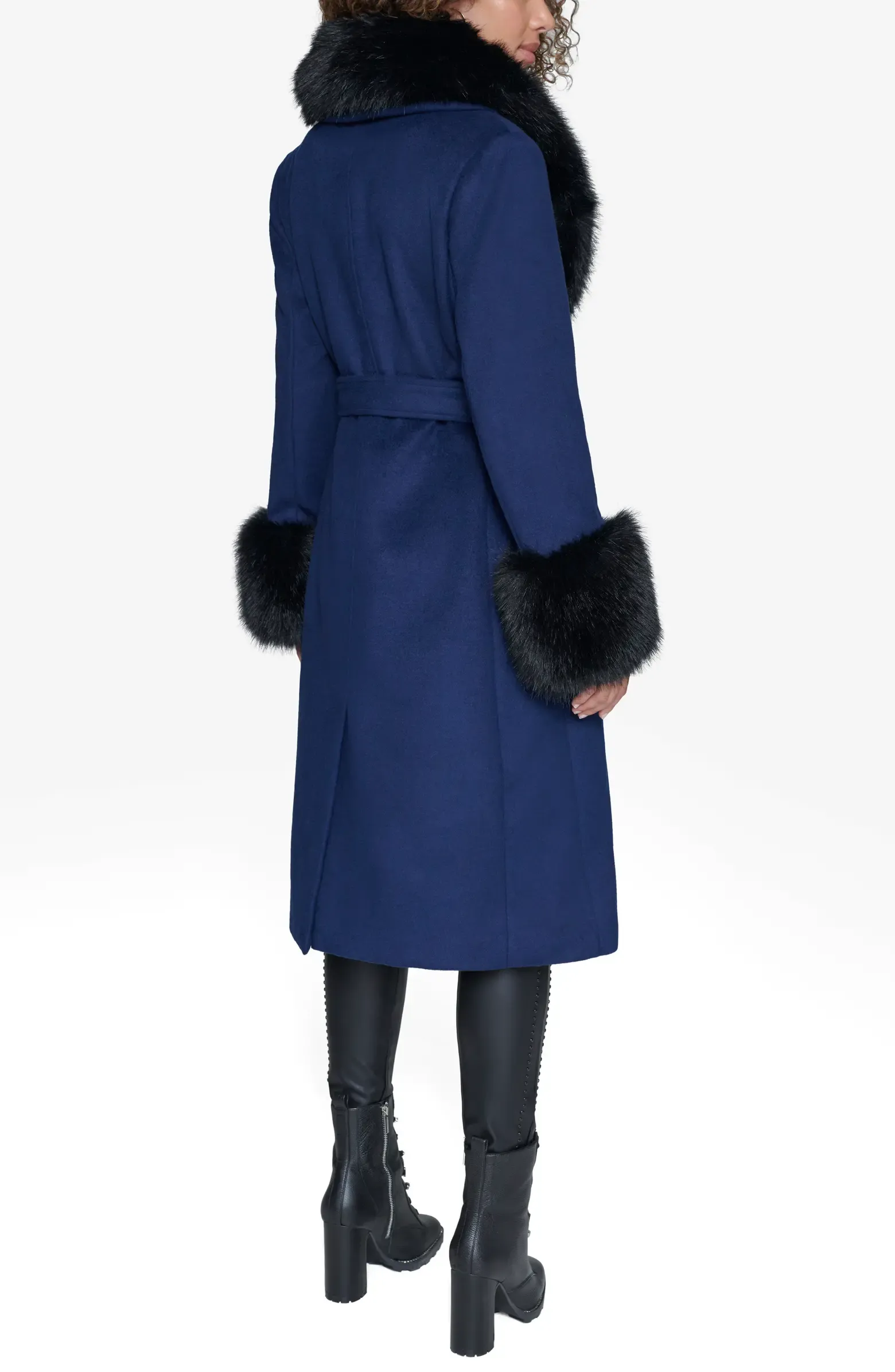 Karl Lagerfeld Paris Belted Wool Blend Coat with Faux Fur Collar & Cuffs - Sapphire