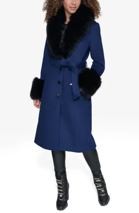 Karl Lagerfeld Paris Belted Wool Blend Coat with Faux Fur Collar & Cuffs - Sapphire