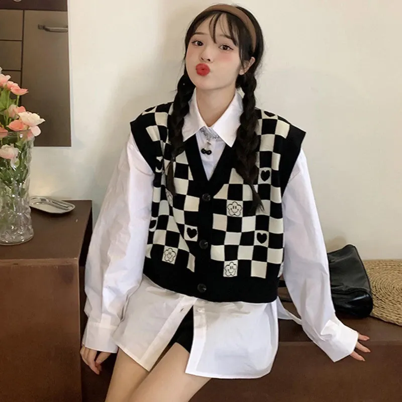 KittenAlarm - Vintage Plaid Checkered Knitted Vest Sweater