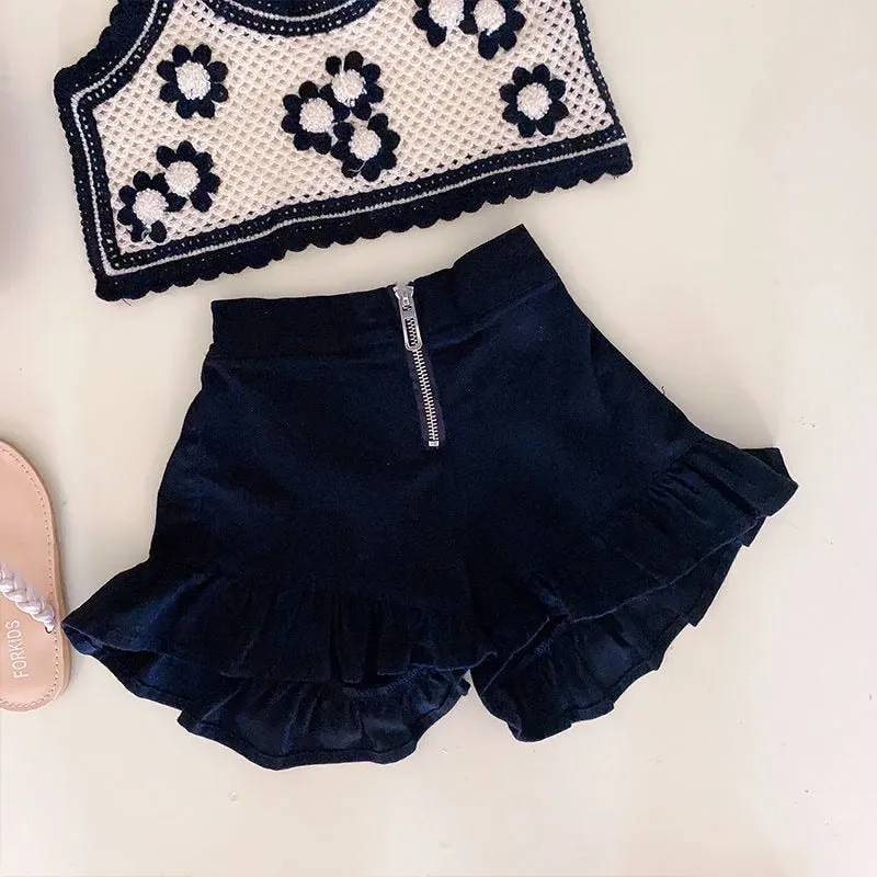 Knitted Flower Vest Short Set