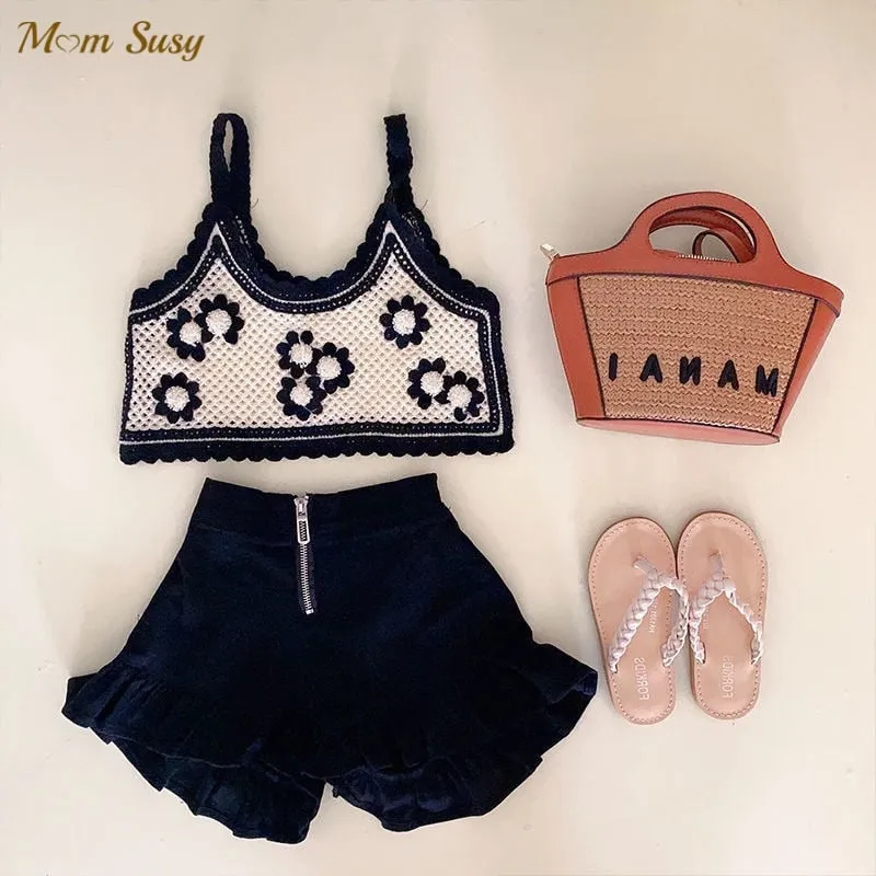 Knitted Flower Vest Short Set