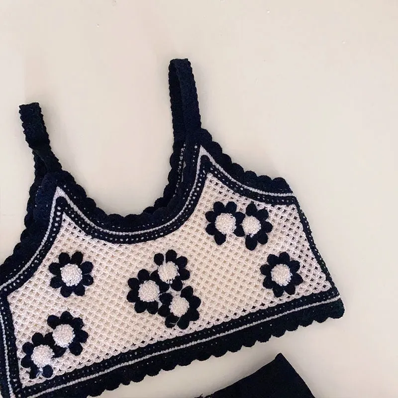 Knitted Flower Vest Short Set