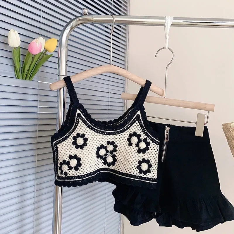 Knitted Flower Vest Short Set